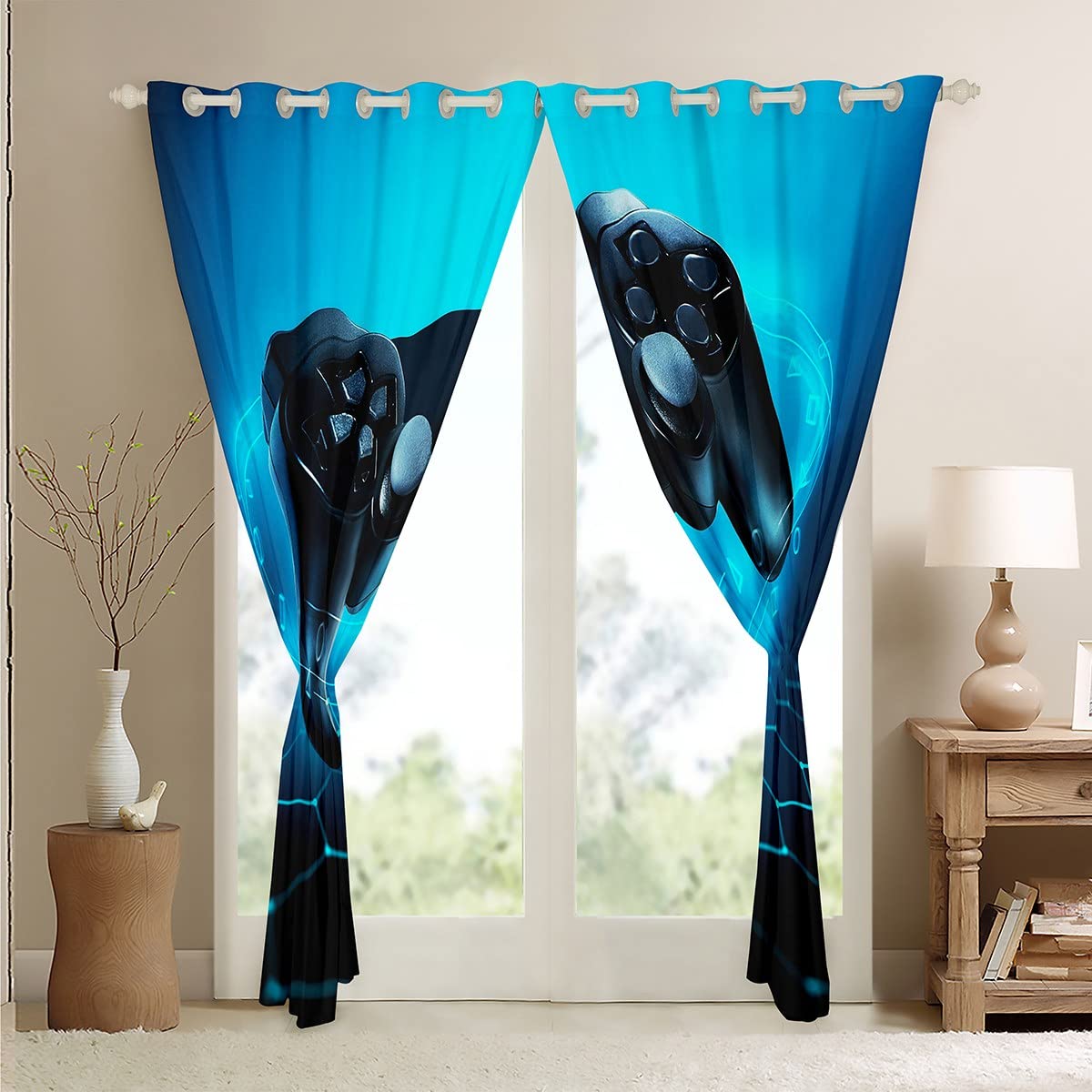 Erosebridal Black & Blue Video Game Controller Curtains for Boys - 2 Panel Set (38