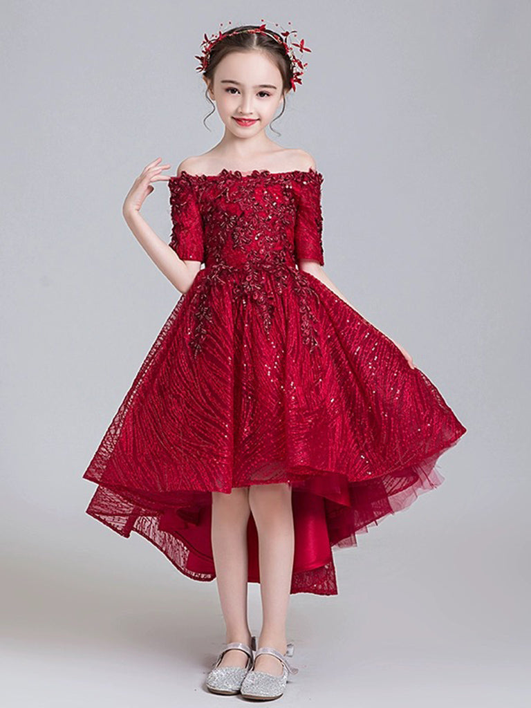 Elegant A-Line High-Low Tulle Lace Burgundy Flower Girl Dress for Weddings, Pageants, and Special Occasions