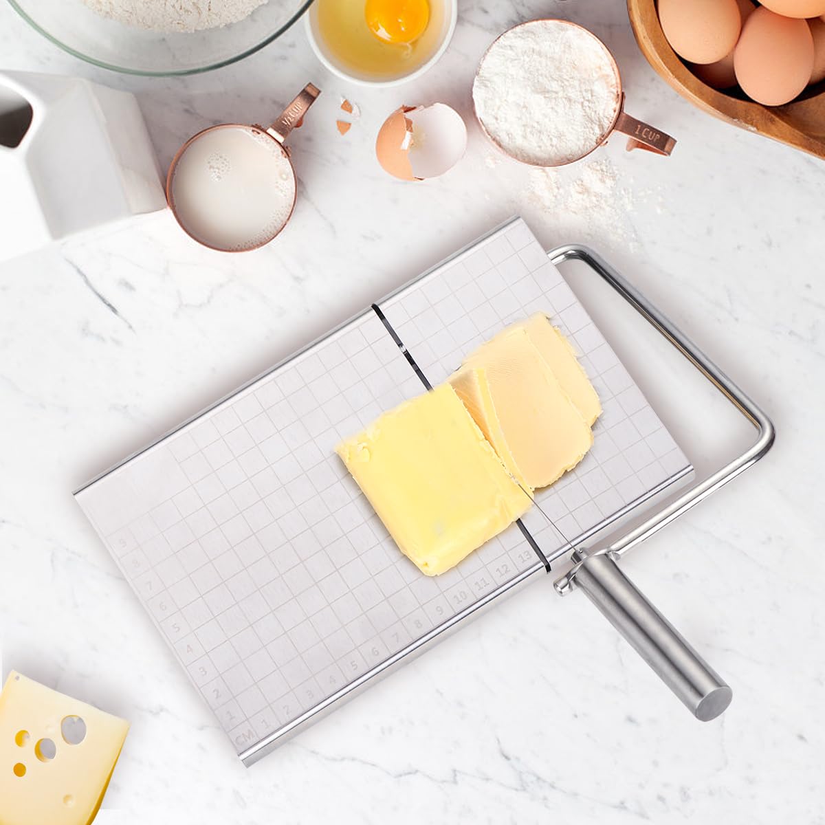 Premium Stainless Steel Cheese Slicer with Wire Cutter - Heavy Duty Cheese Board for Block Cheese, Includes 3 Extra Replacement Wires - Perfect for Kitchen, Party Platters & Charcuterie Boards