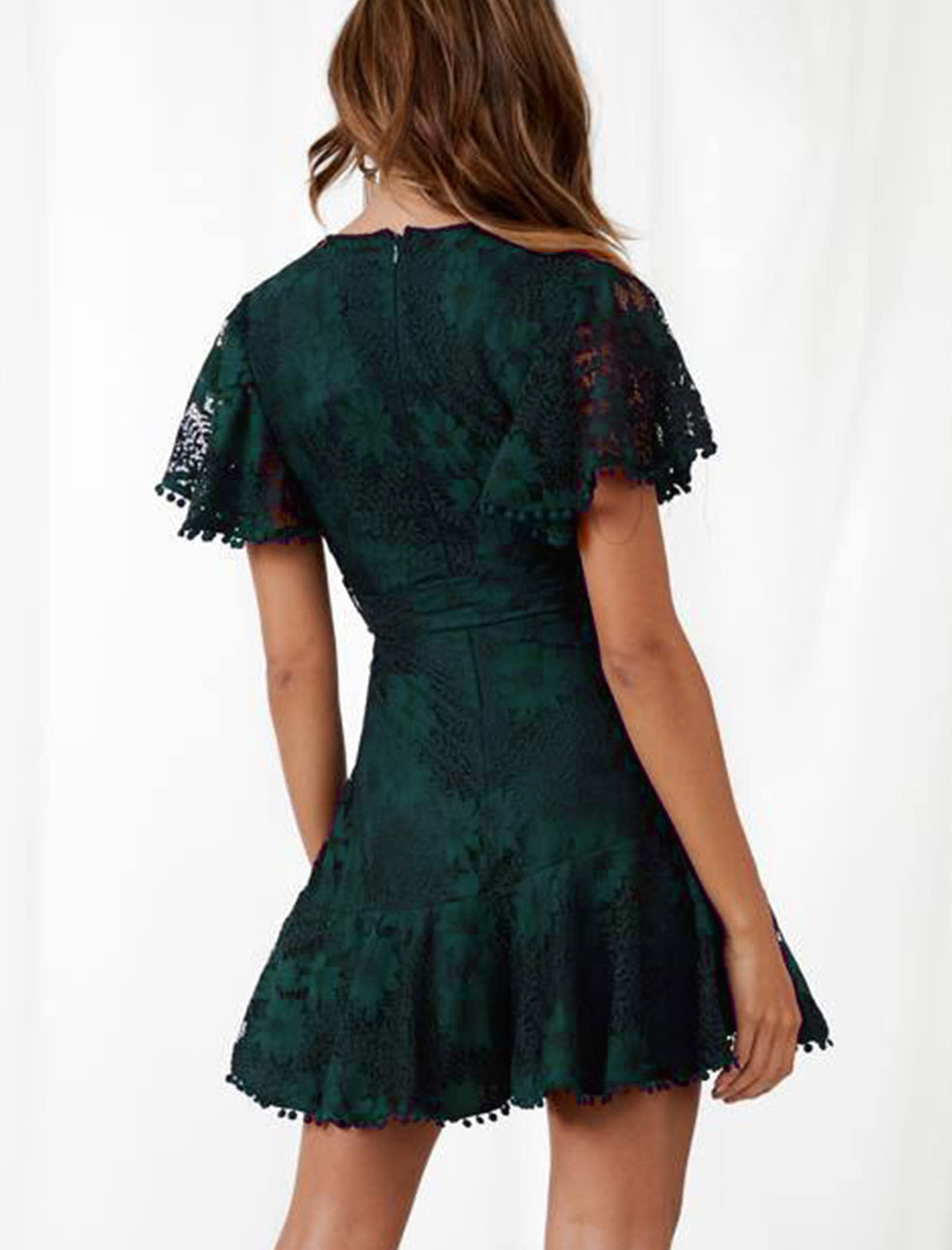 Elegant Women's Long Sleeve Ruffle Wrap Lace Mini Dress with Deep V-Neck & Lantern Sleeves - Tie Waist Casual Party Dress for Wedding Guest, Date Night, Cocktail Party & Special Occasions