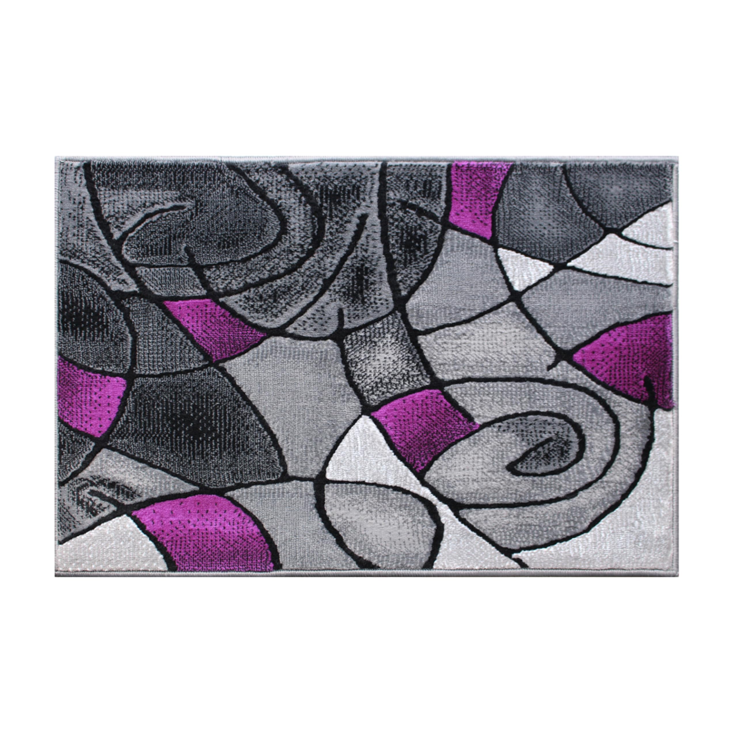 EMMA + OLIVER Soft Abstract Geometric Area Rug - 2x3 Feet Gradient Gray with Purple Accents - Stain & Moisture Resistant Olefin Rug for Living Room, Bedroom, Office Decor