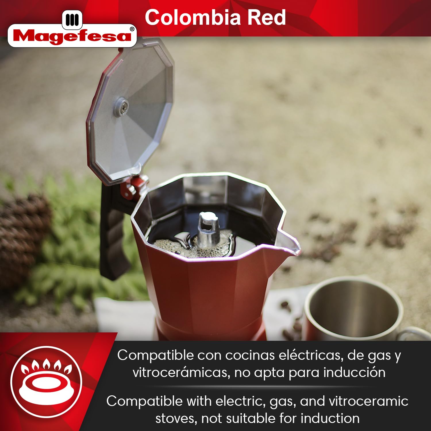 MAGEFESA Colombia Red Stovetop Espresso Moka Pot - 6 Cup (10 oz) Italian Coffee Maker for Cuban Coffee | Extra-Thick Aluminum with Heat-Resistant Handle | Safe & Easy-to-Use Greca Coffee Maker for Home, Office, Camping & Gifts