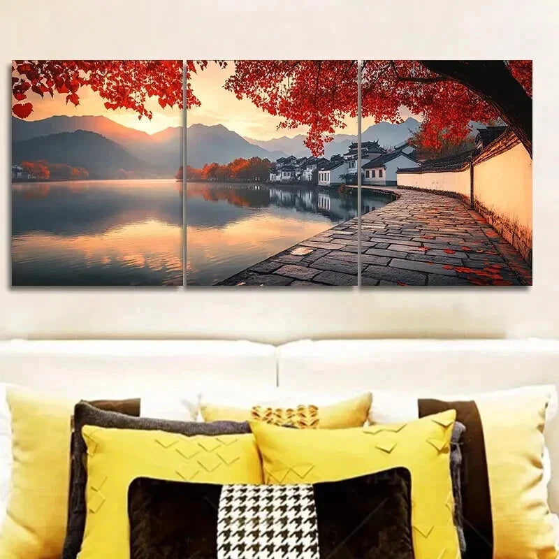 3-Piece Jiangnan Ancient Town with Trees Wall Art Set - Framed Canvas 50x70cm | High Quality Print | 100% Australian Made | Ready to Hang | Perfect for Living Room, Bedroom & Office Decor