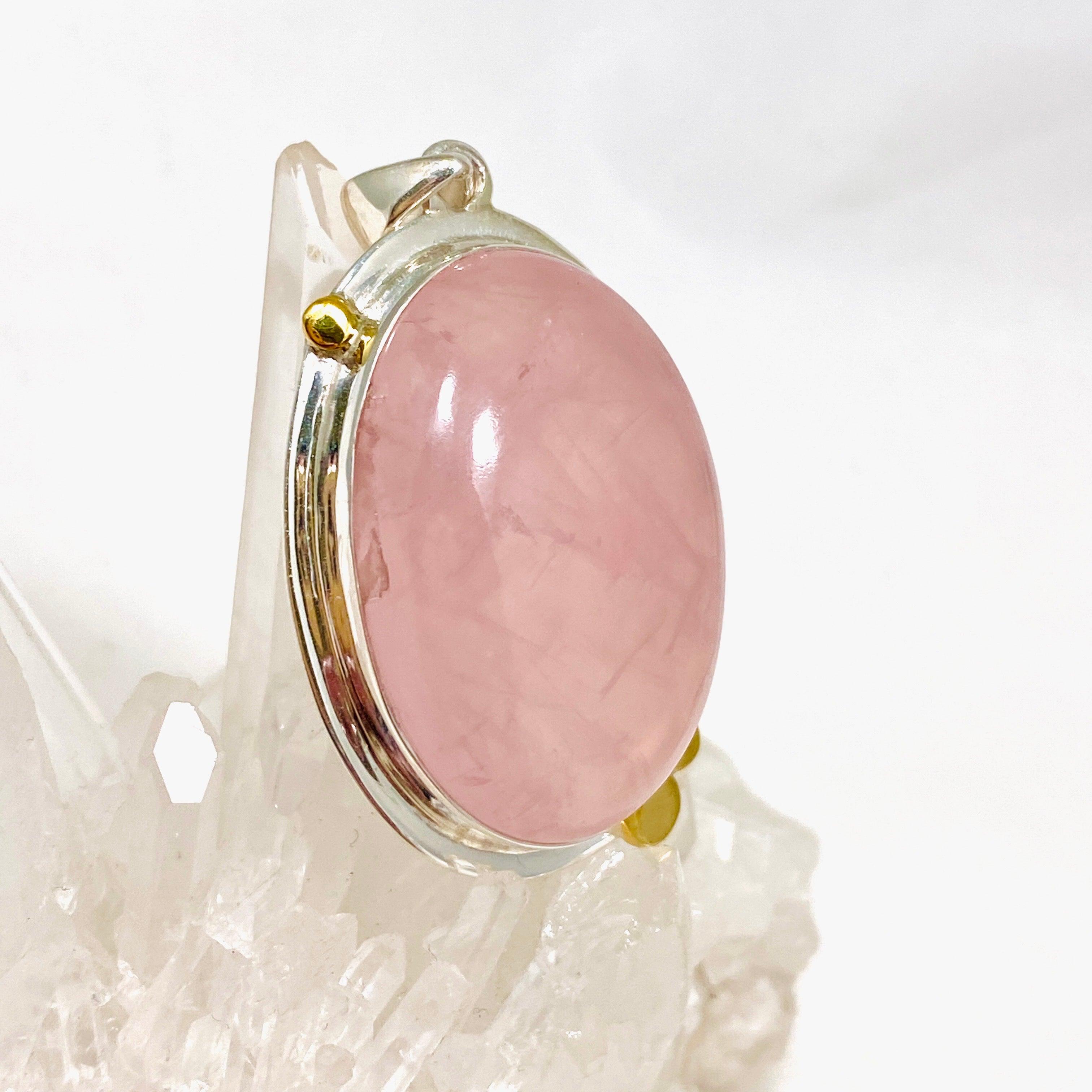 Rose Quartz Oval Pendant Necklace with Brass Accents - KPGJ4312 | Healing Crystal Jewelry for Women, Spiritual Gift & Everyday Elegance