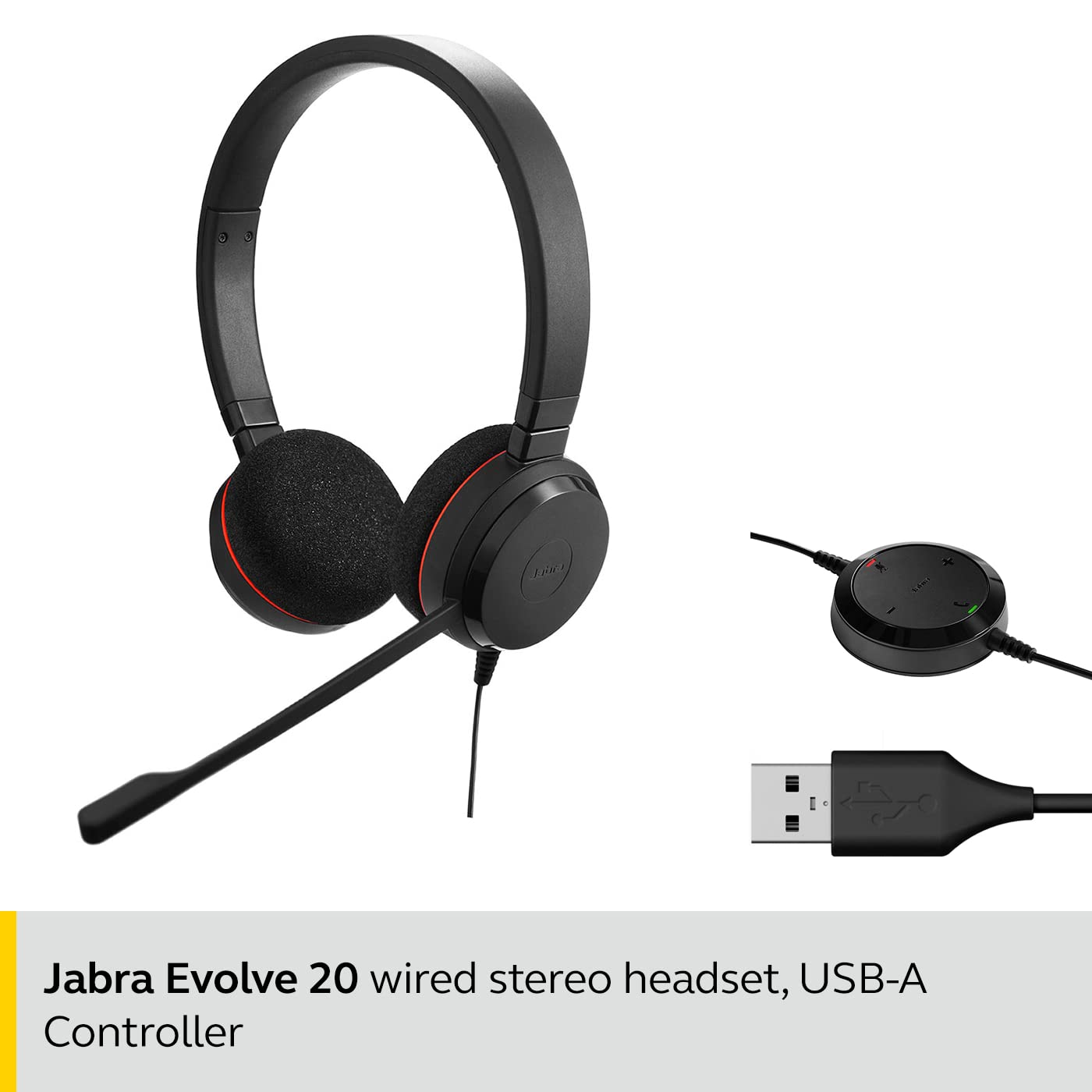 Jabra Evolve 20 UC Stereo Wired Headset with Microphone - Noise Cancelling Office Headphones for Calls & Music (Black) - Perfect for Remote Work, Video Conferencing & PC Gaming