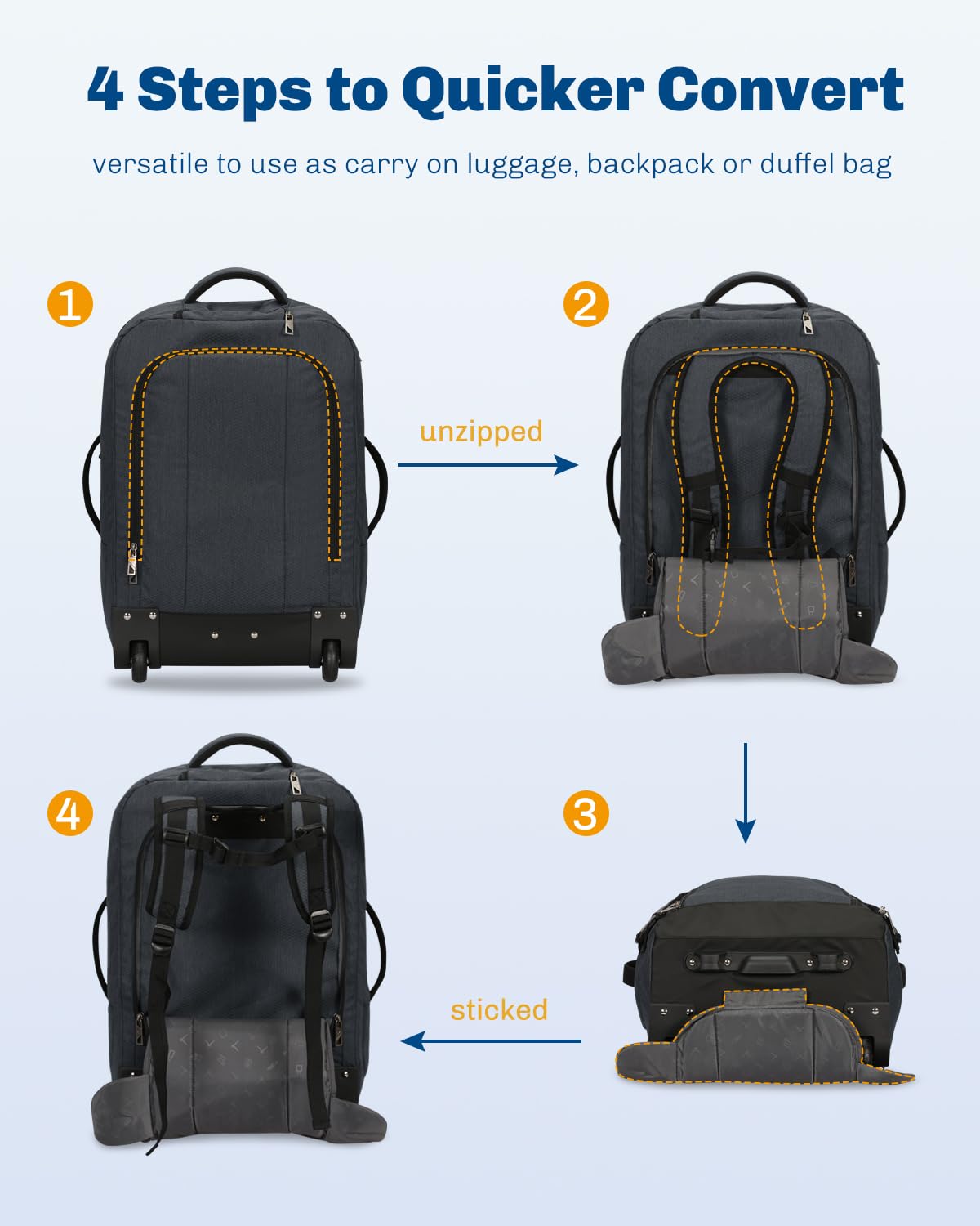 Hynes Eagle 22 Inch Rolling Backpack - 2 in 1 Wheeled Carry On Luggage for Air Travel, 63L Spacious Travel Backpack for Women & Men | Perfect for Business Trips, Weekend Getaways & International Vacations