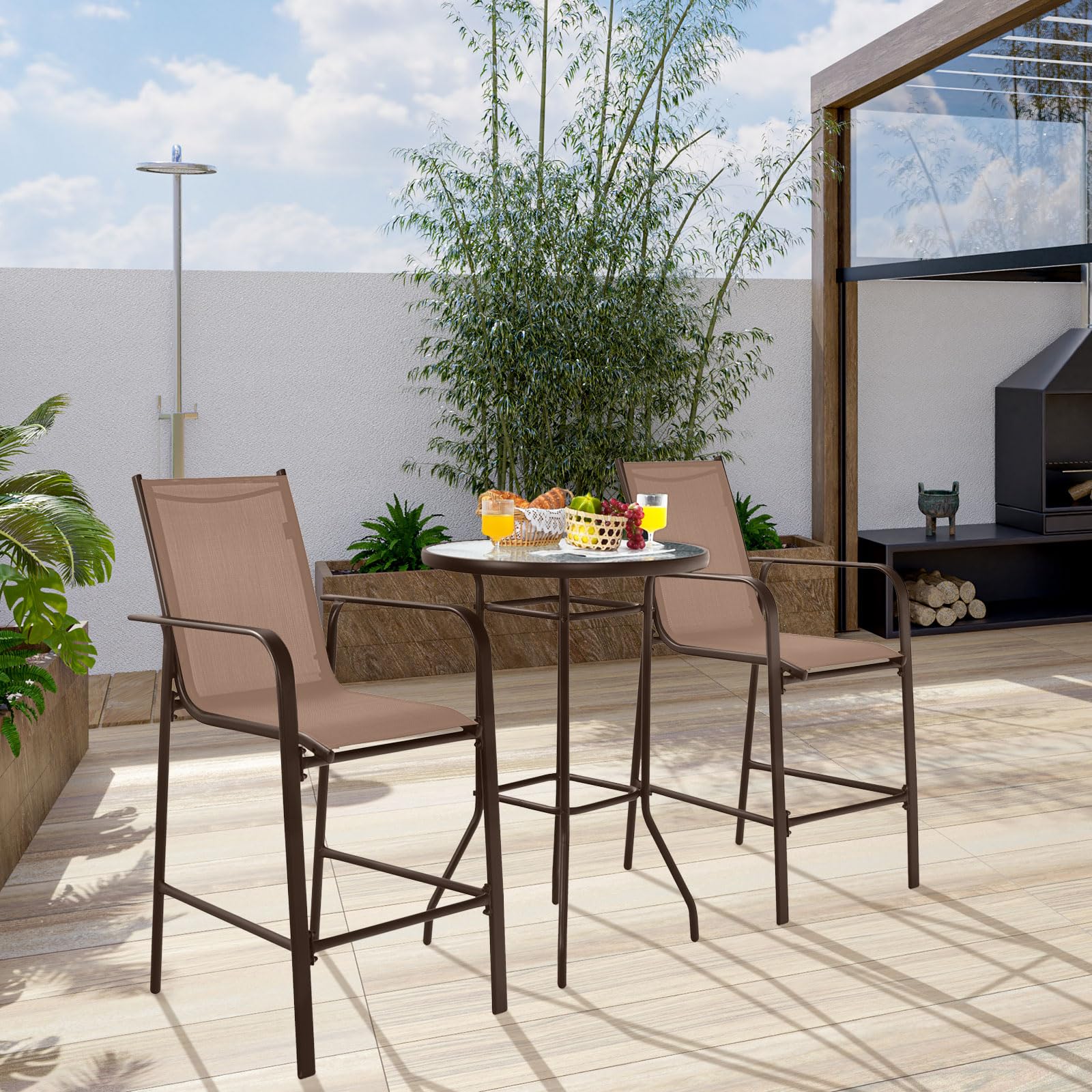 Tangkula 3-Piece Outdoor Patio Bar Set - 2 Bar Stools & 1 Tempered Glass Table, Bistro Height for Backyard, Garden, Balcony - Perfect for Coffee, Dining & Outdoor Relaxation
