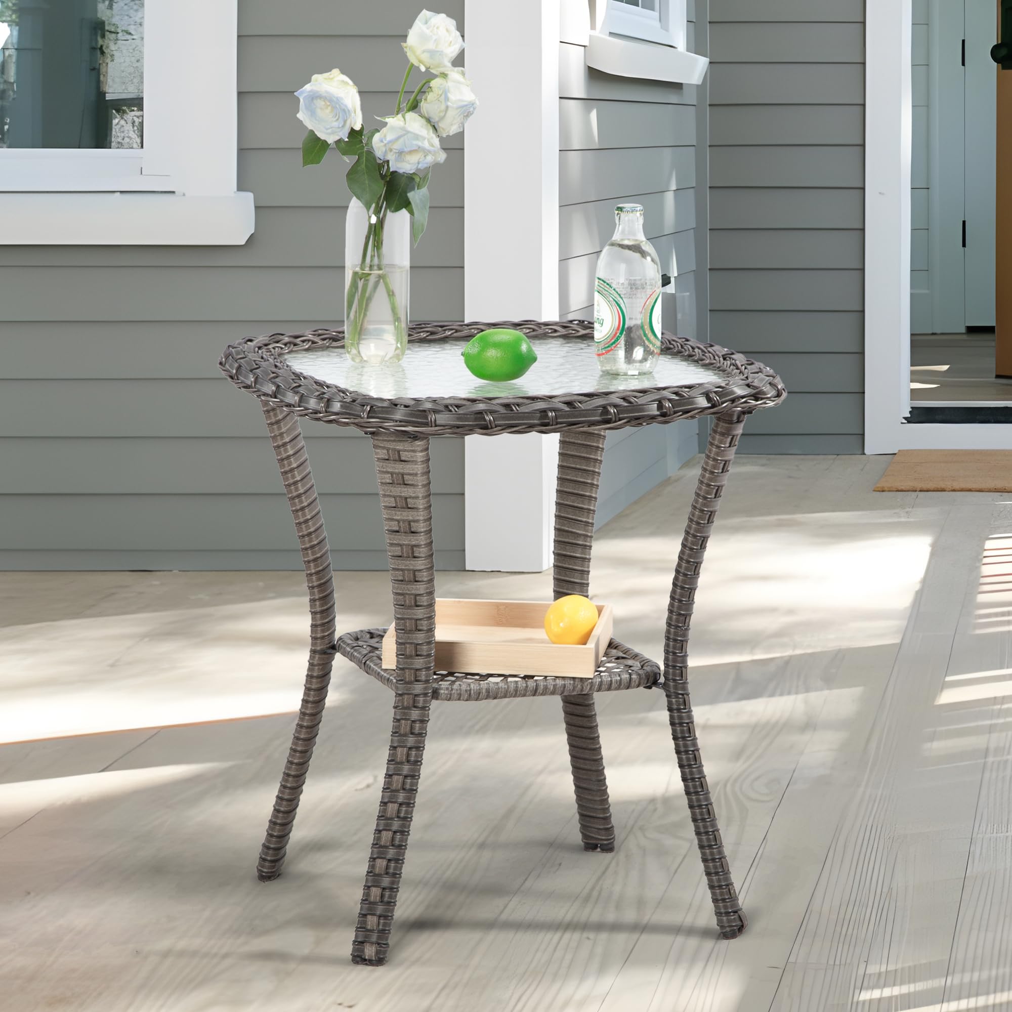 Joyside 20x20x22 Inch Brown Wicker Outdoor Side Table with 5 Inch Tempered Glass Top and Storage Shelf - Perfect Patio Coffee Table for Garden, Poolside, and Outdoor Furniture Sets