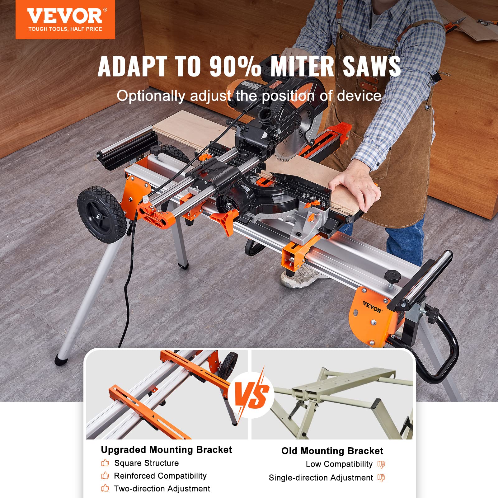 VEVOR 100-Inch Heavy Duty Folding Miter Saw Stand with Sliding Rail - Collapsible Rolling Stand with One-Piece Mounting Brackets, Clamps & Rollers - 500lbs Capacity - Perfect for Woodworking, Construction Sites & DIY Projects