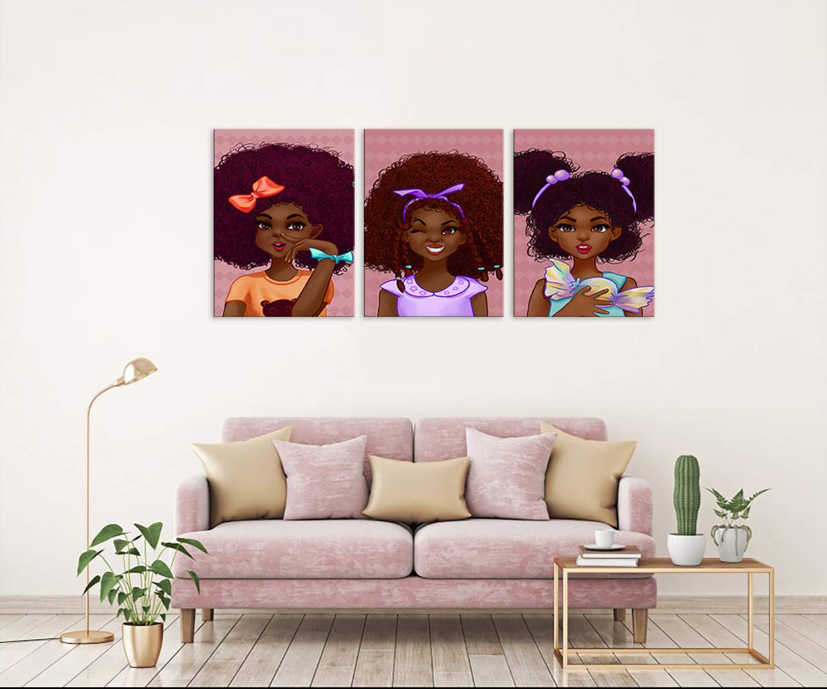 African American Girl Wall Art - 3 Panels Black Curly Hair Painting Print, Framed Ready to Hang Wall Decor for Bedroom, Living Room & Office - Perfect Hippie Style Gift for Women & Girls