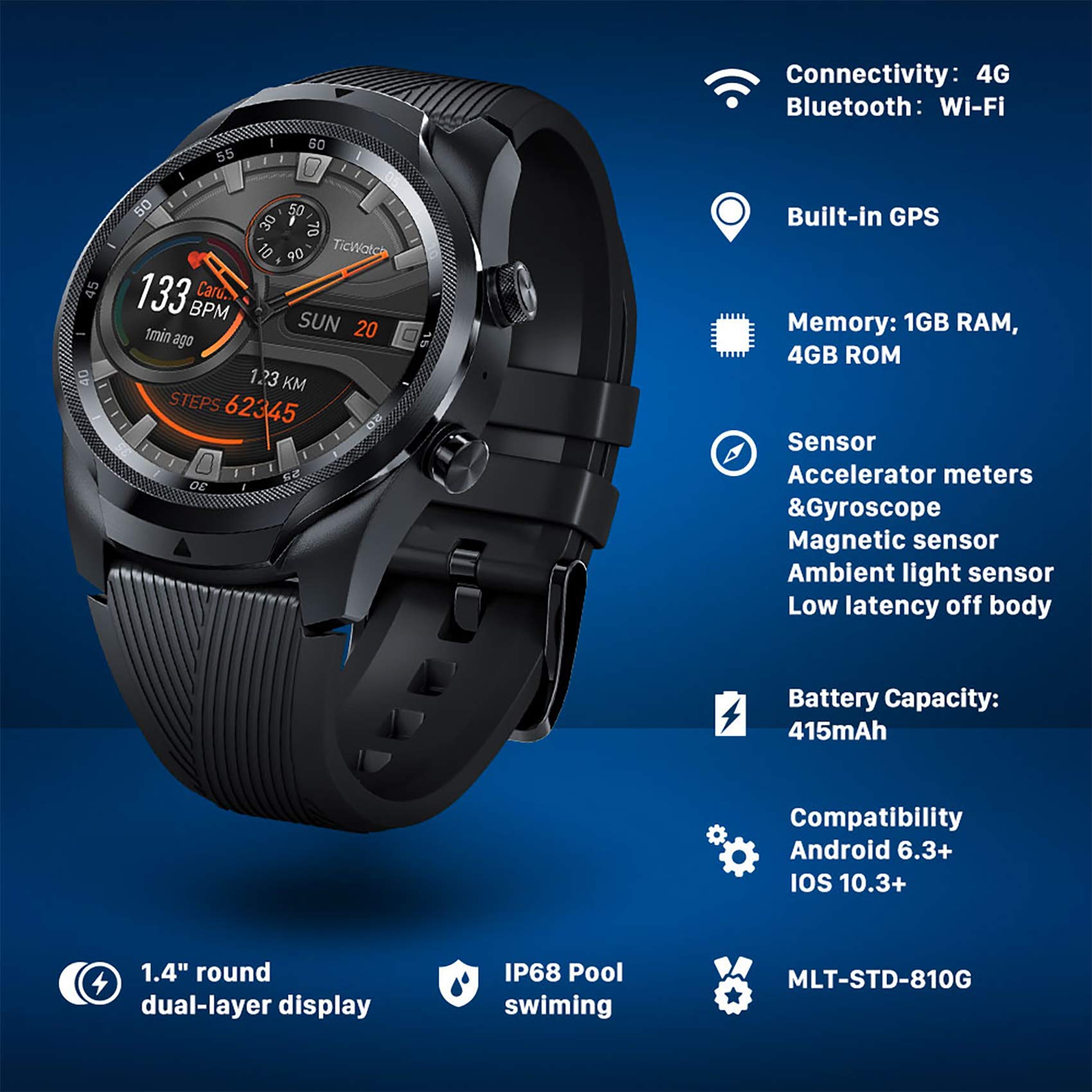 TicWatch Pro 4G LTE Smartwatch with GPS, NFC & Wear OS - Android Compatible Fitness Tracker for Heart Rate, Sleep & Swim Tracking - Make Calls, Get Notifications & Play Music - Perfect for Workouts, Swimming & Daily Health Monitoring (US Version)