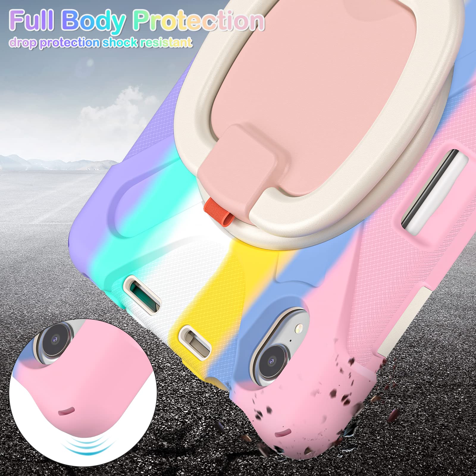 BRAECN Shockproof Kids Case for Apple iPad Mini 7th/6th Generation (2024/2021) 8.3 Inch - Rotating Stand Handle Grip with Screen Protector & Pencil Holder - Rainbow Pink - Perfect for School, Travel & Home Learning
