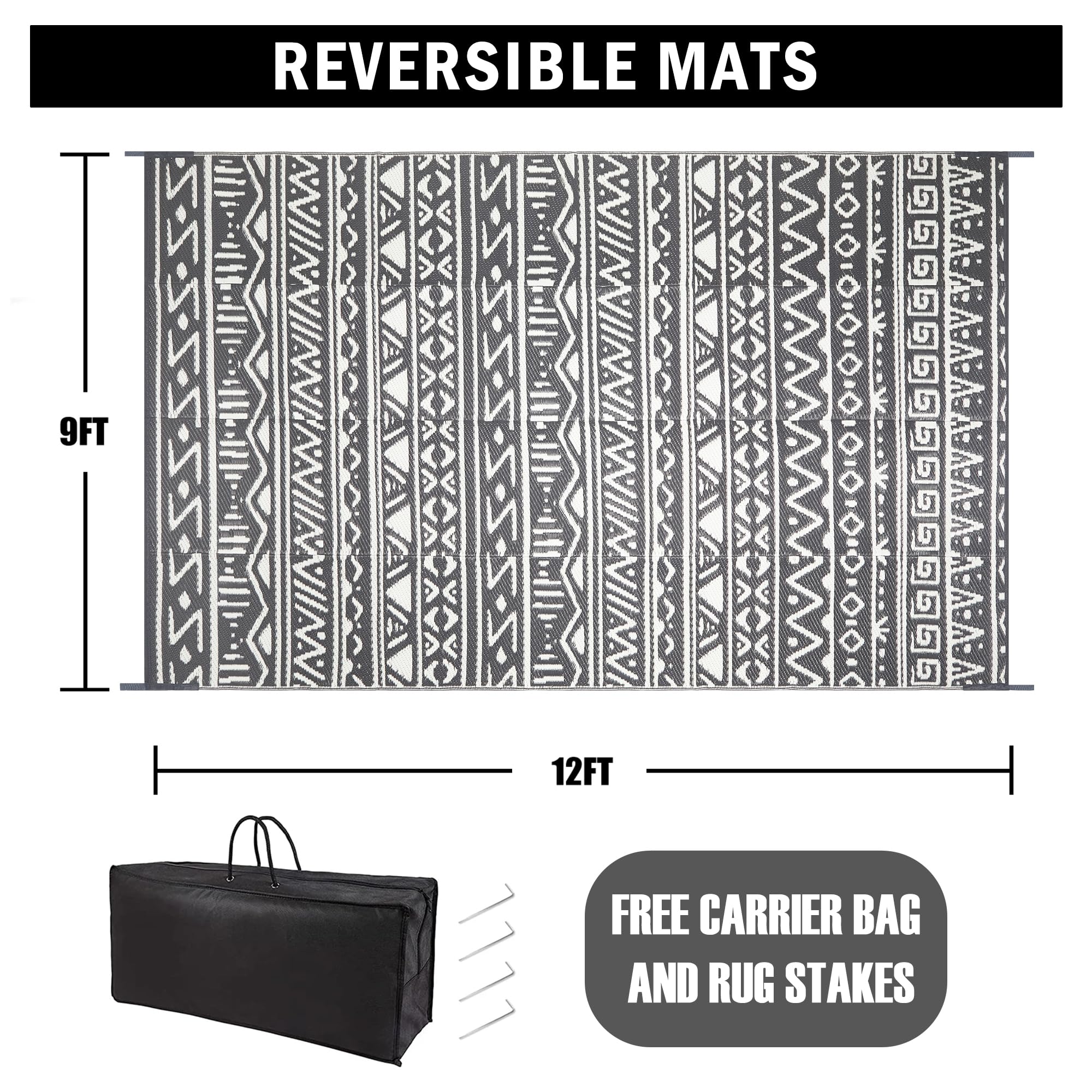 Boho Waterproof Reversible Plastic Straw Rug - 9x12 Outdoor/Indoor Geometric Carpet for Patio, Deck, Balcony, Camping & RV - Gray Washable Large Area Mat | Perfect for Beach, Porch & Outdoor Gatherings