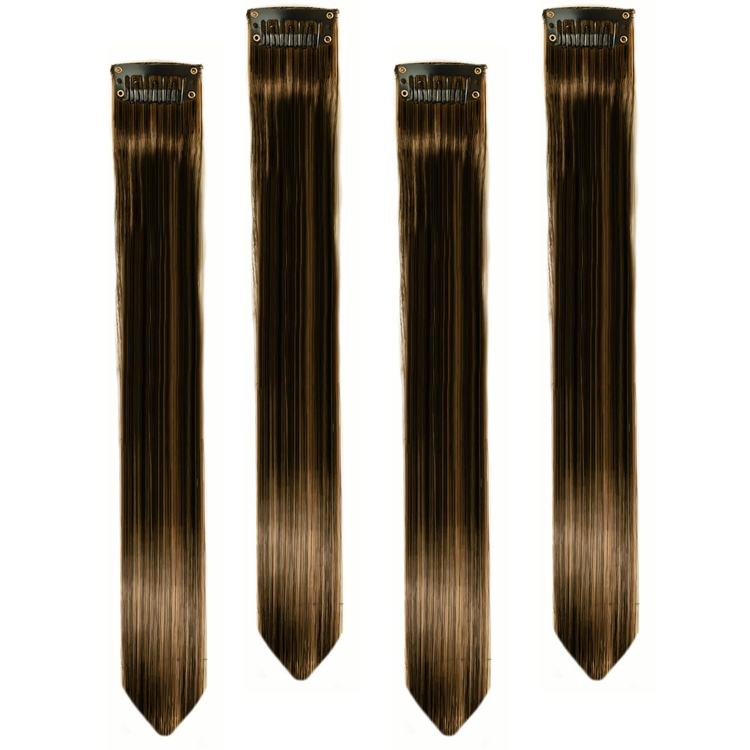 Paradise® 22 Inch Brown & Golden Highlights Clip-in Hair Extensions - 4 Pack Straight Synthetic Hair Wefts for Women & Girls - Two-Tone Funky Party Hair Accessories for Cosplay, Halloween & Special Occasions