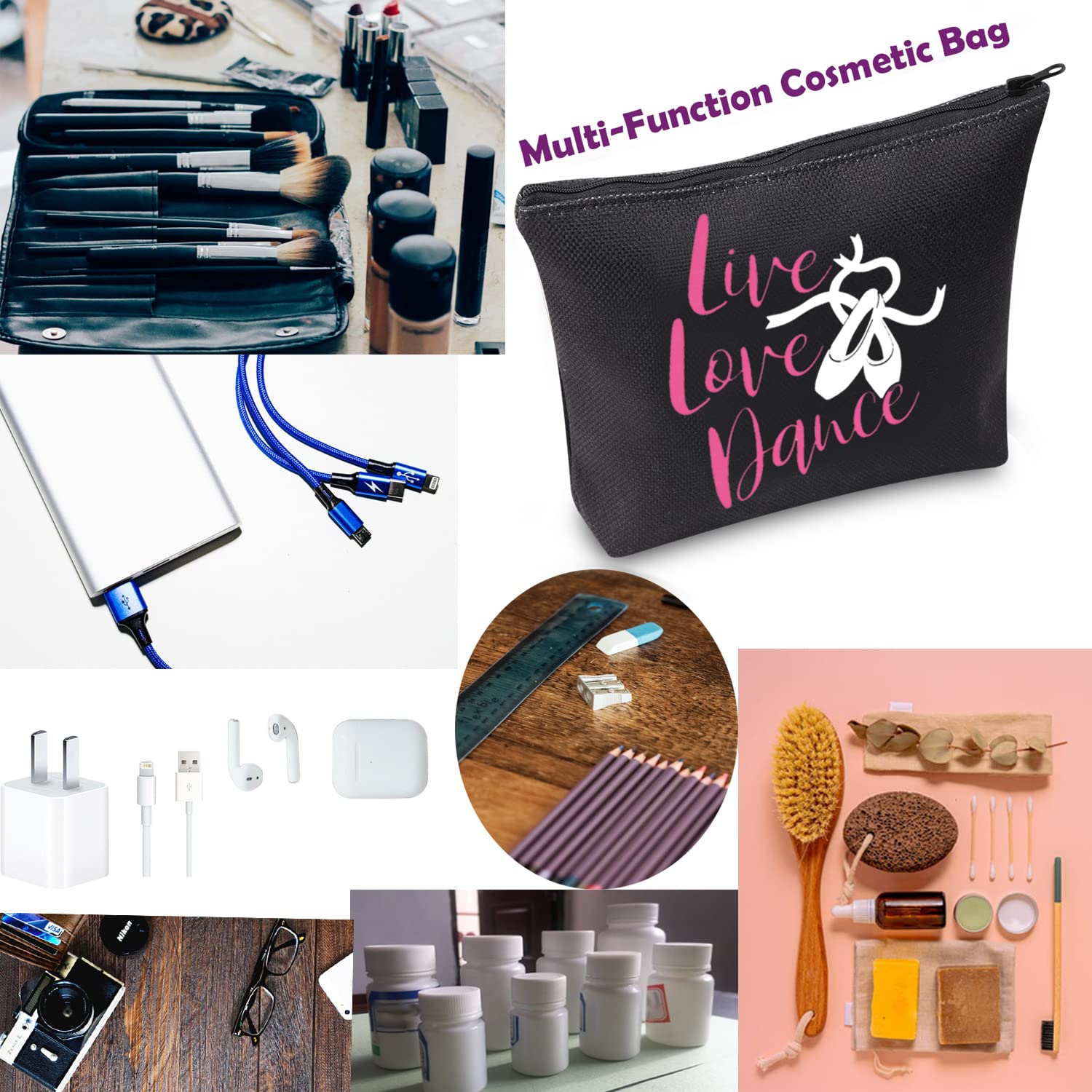 TSOTMO Live Love Dance Makeup Bag - Dancer Cosmetic Pouch & Teacher Gift - Travel Makeup Case (Black) - Perfect for Dance Recitals, Backstage Essentials & Ballet Class Accessories