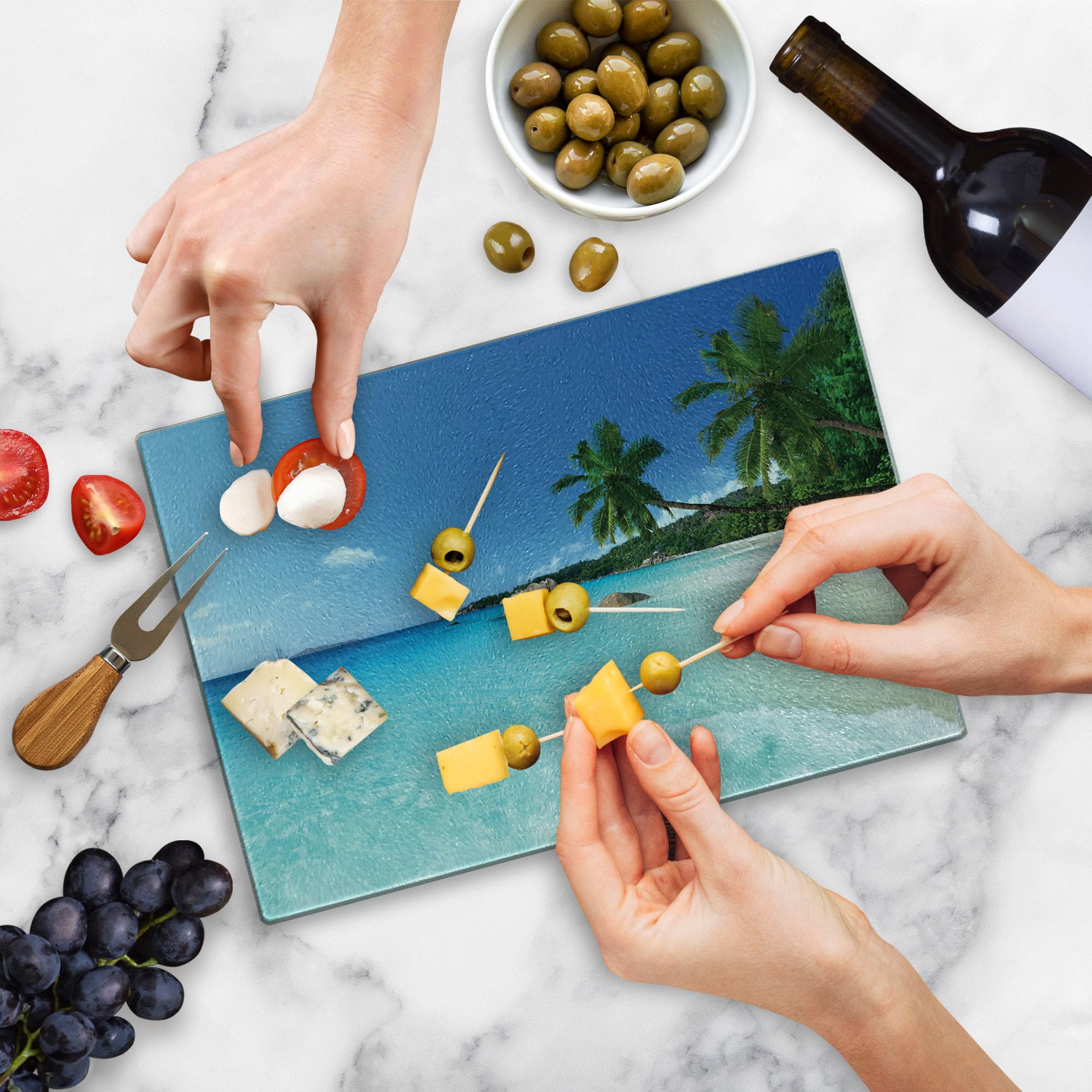 Ambesonne Ocean Themed Tempered Glass Cutting Board - Anse Lazio Beach Praslin Island Scenic Design - Small Turquoise Blue Green Serving Board for Kitchen, Charcuterie & Home Decor - Perfect for Entertaining, Gift Giving & Coastal Themed Kitchens