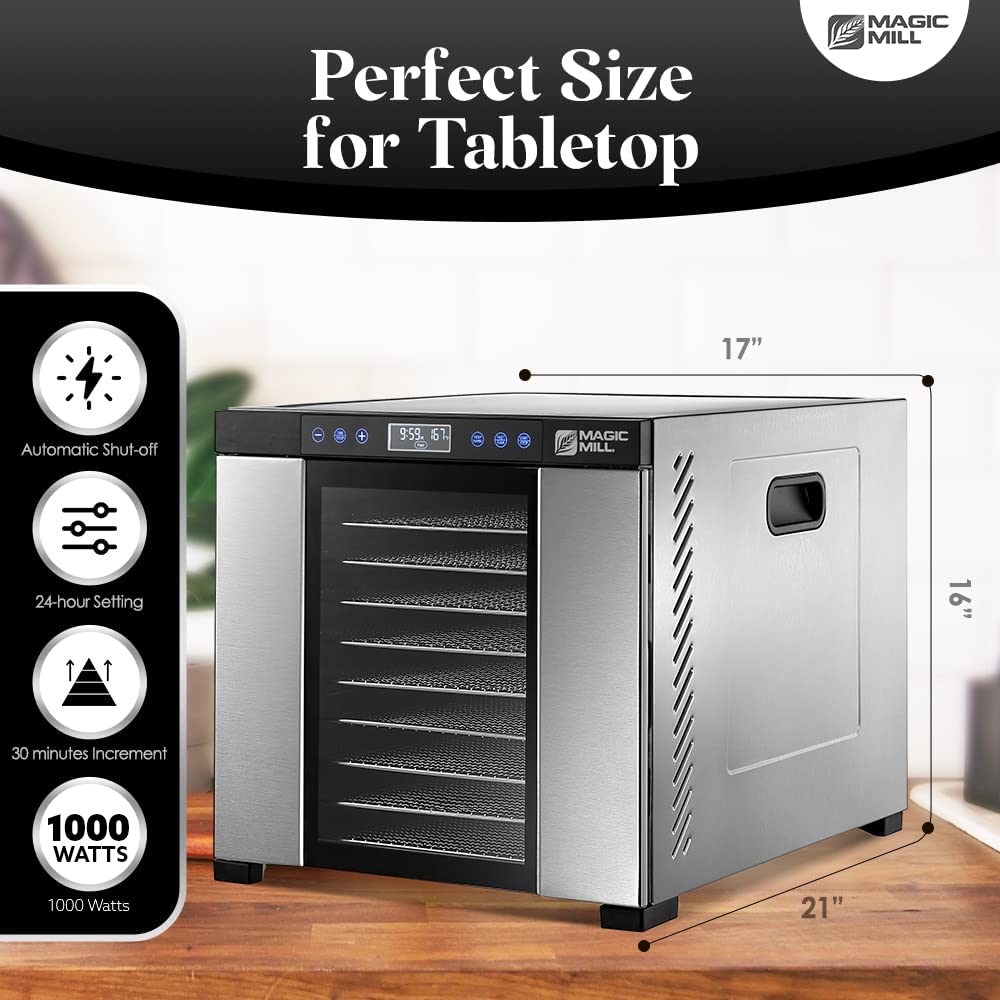 Magic Mill Food Dehydrator Machine - 11 Stainless Steel Trays with Adjustable Timer & Temperature Control | Perfect for Drying Jerky, Herbs, Meat, Fruits & Vegetables | Overheat Protection | Ideal for Home Kitchen, Camping & Food Preservation
