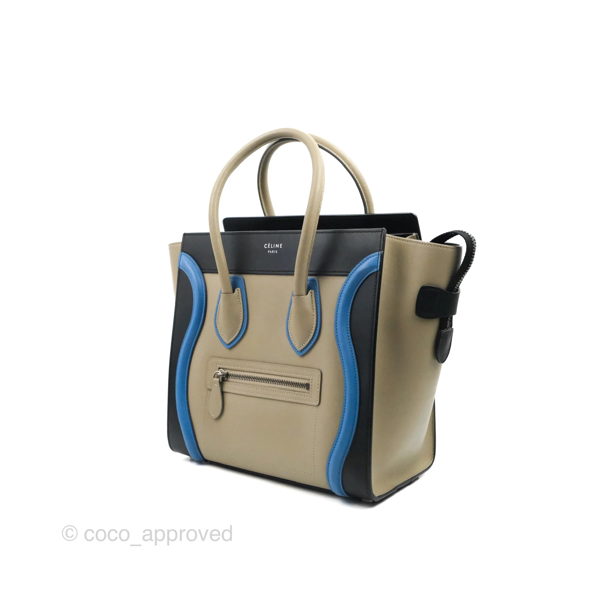 Celine Micro Luggage Bag in Taupe, Blue & Black Calfskin Leather - Perfect for Work, Travel & Everyday Luxury Handbag