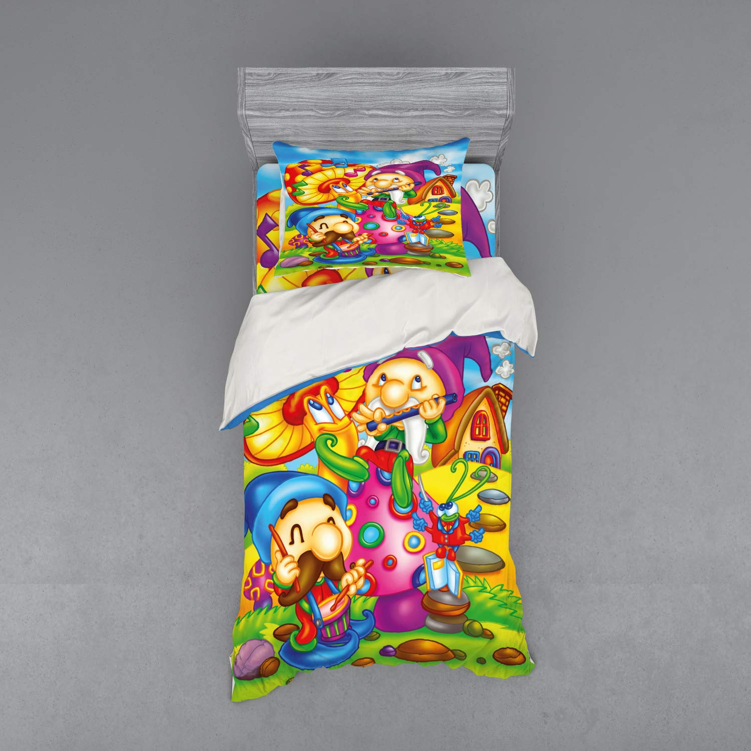 Ambesonne Fantasy Duvet Cover Set - Cartoon Singing Elves with Mushroom Playing Flute Cheerful Illustration | 3-Piece Twin Size Bedding Set with Sham & Fitted Sheet | Perfect for Kids' Rooms, Christmas Decor & Whimsical Bedroom Themes