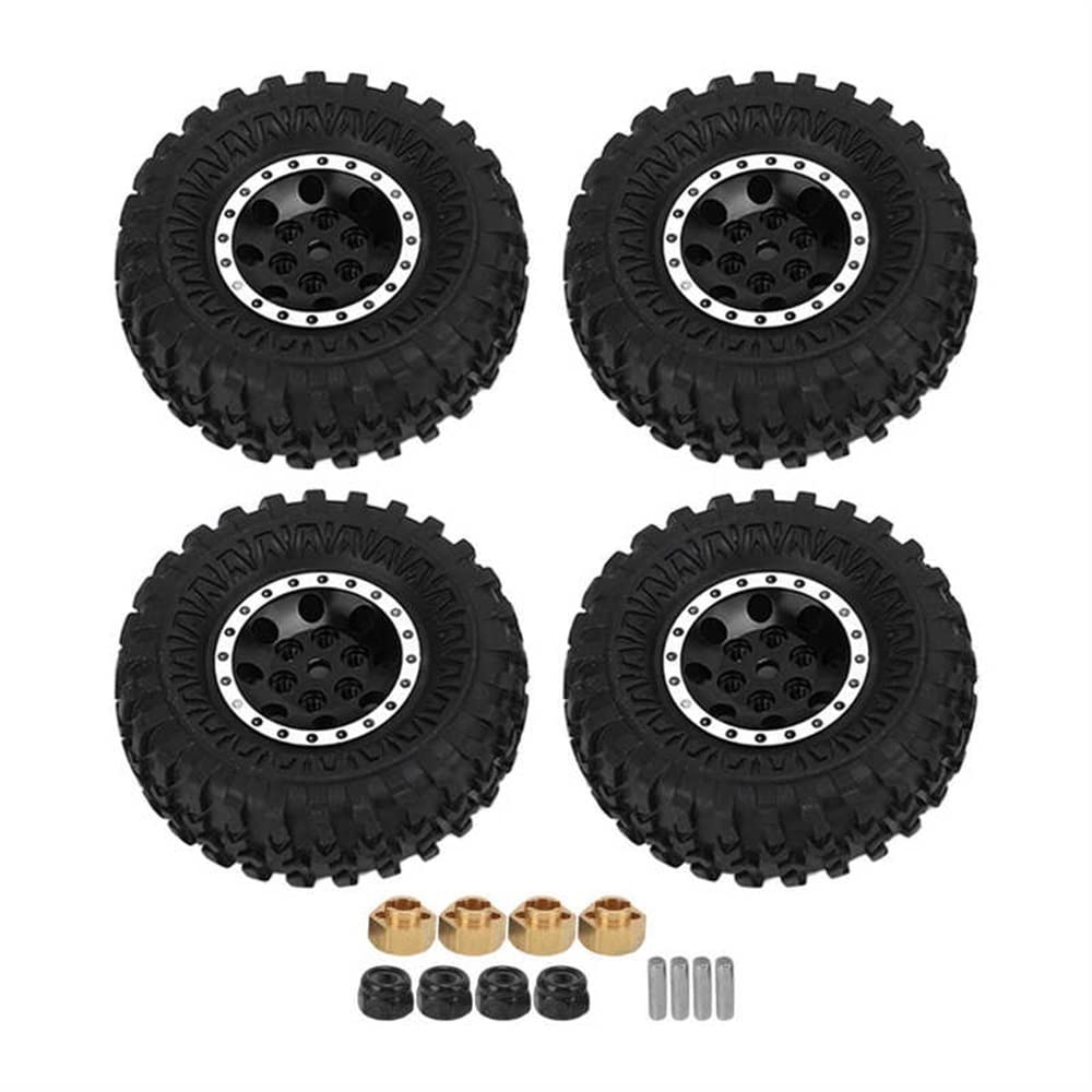 LYunce RC Metal Rims Rubber Tires - Durable Wear-Resistant Anti-Slip 55mm Tires for Axial SCX24 (Black) - Perfect for Off-Road Crawling & Rock Climbing RC Adventures
