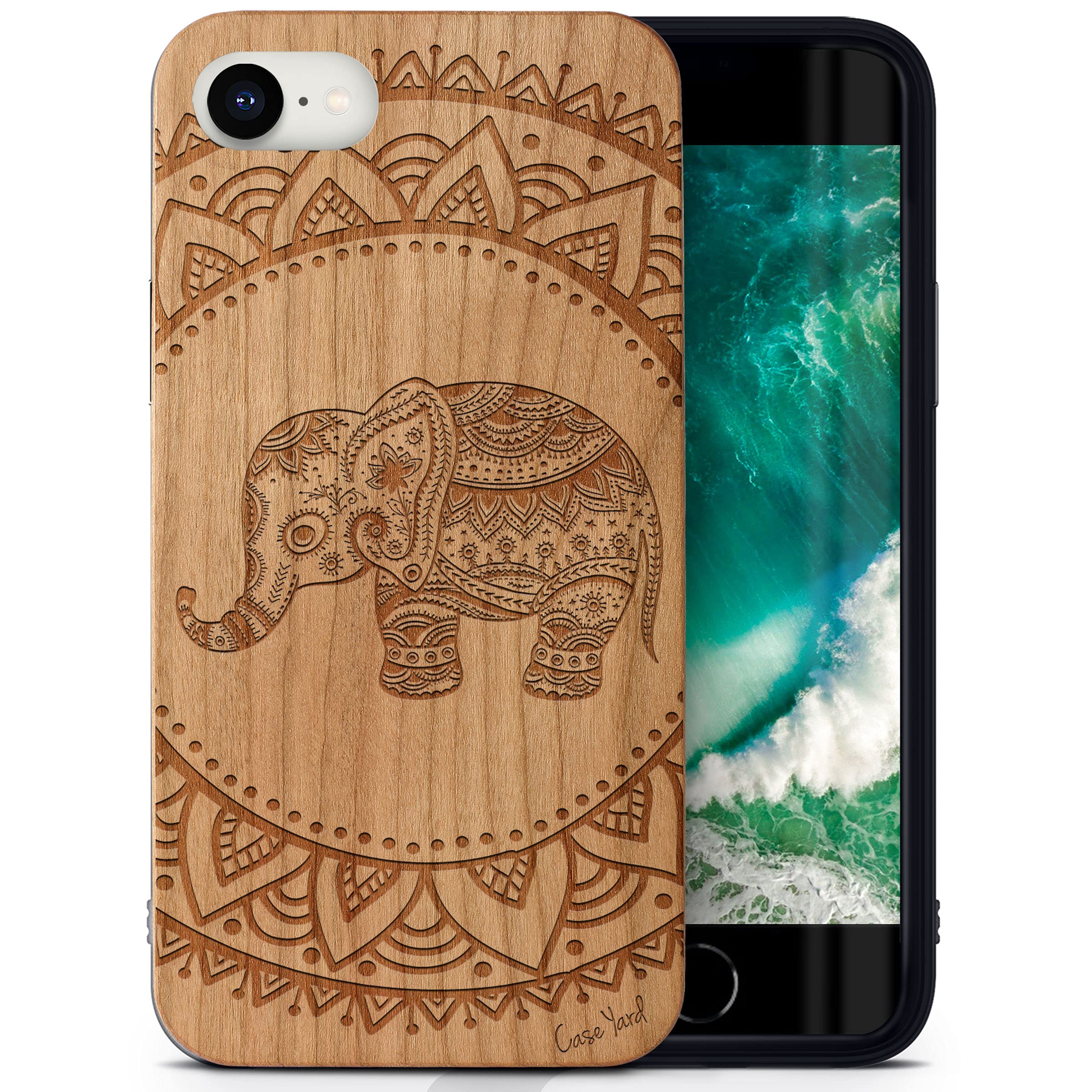 Wooden iPhone SE Case with Laser Engraved Elephant Mandala Design - Cherry Wood Protective Shockproof Slim Fit Cover for Men & Women | Perfect for Outdoor Adventures, Travel & Everyday Protection