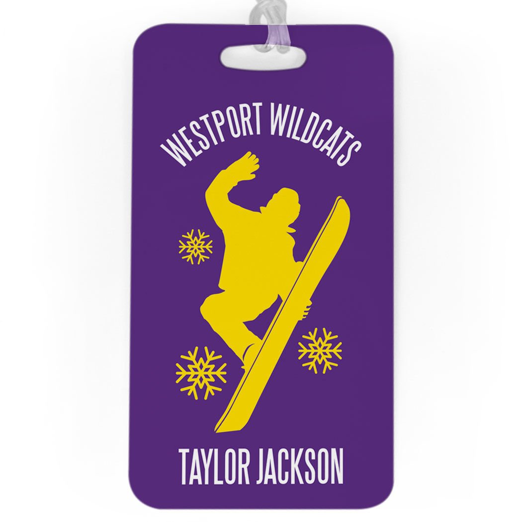 Personalized Snowboarding Team Luggage Tag - Large Purple & Yellow with Standard Lines - Perfect for Ski Trips & Winter Travel Accessories