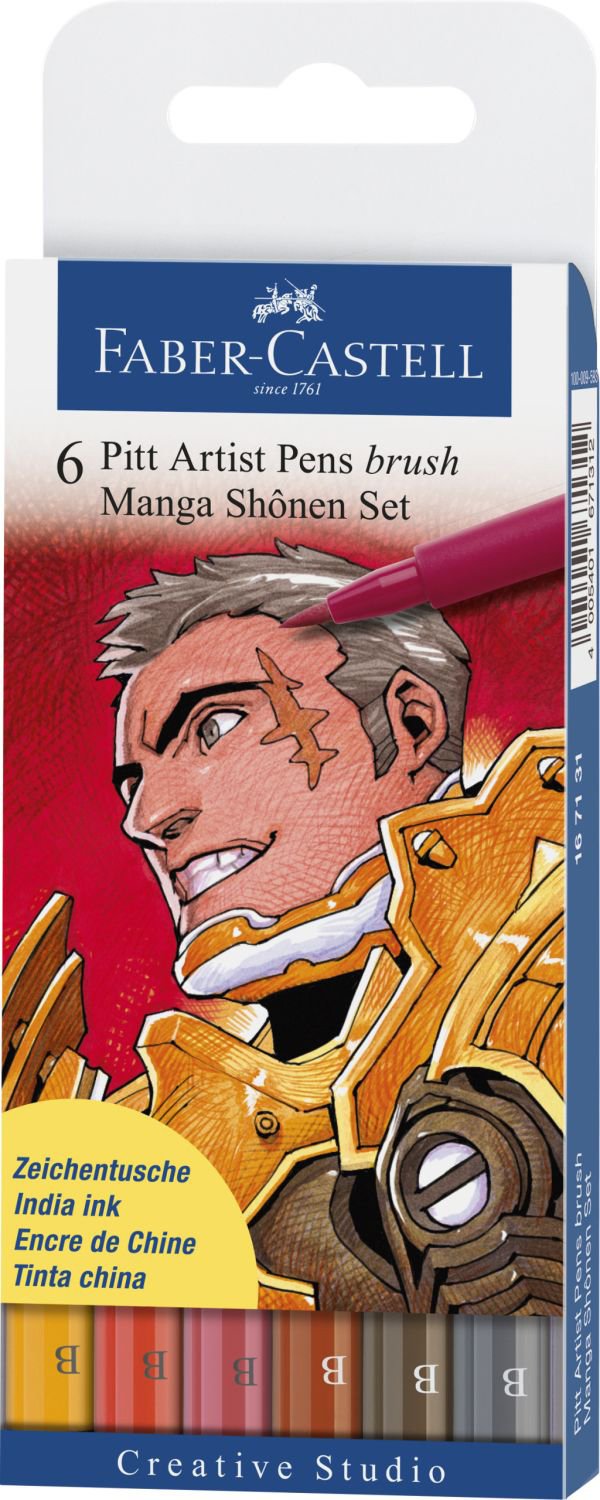Faber-Castell Pitt Artist Manga Brush Pens - 6 Pack Assorted Colors for Drawing, Sketching & Manga Art - Perfect for Artists, Illustrators & Comic Creators