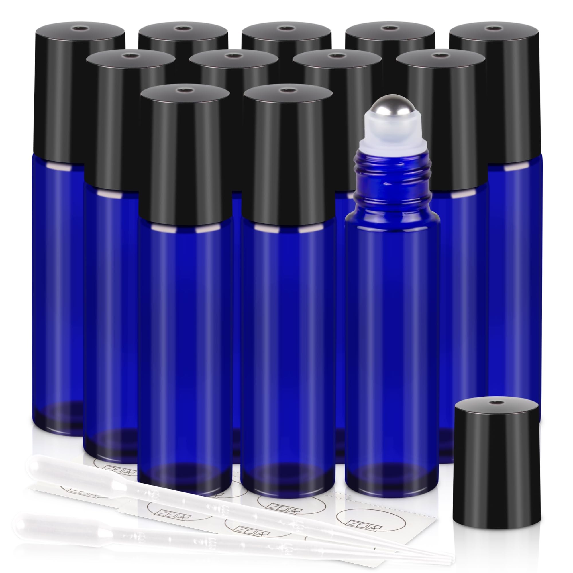 ZEJIA 12 Pack 10ml Essential Oil Roller Bottles - Cobalt Blue Thick Glass Roller Bottles with Stainless Steel Balls & 2 Droppers - Perfect for Aromatherapy, DIY Blends & Travel Size Essential Oil Storage