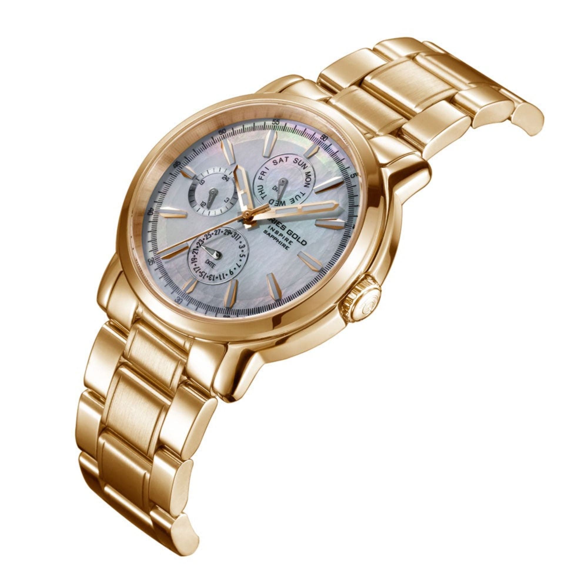 Aries Gold Chronograph Inspire Contender Women's Watch - Gold Stainless Steel Case with Mother of Pearl Dial - Perfect for Business, Parties & Special Occasions