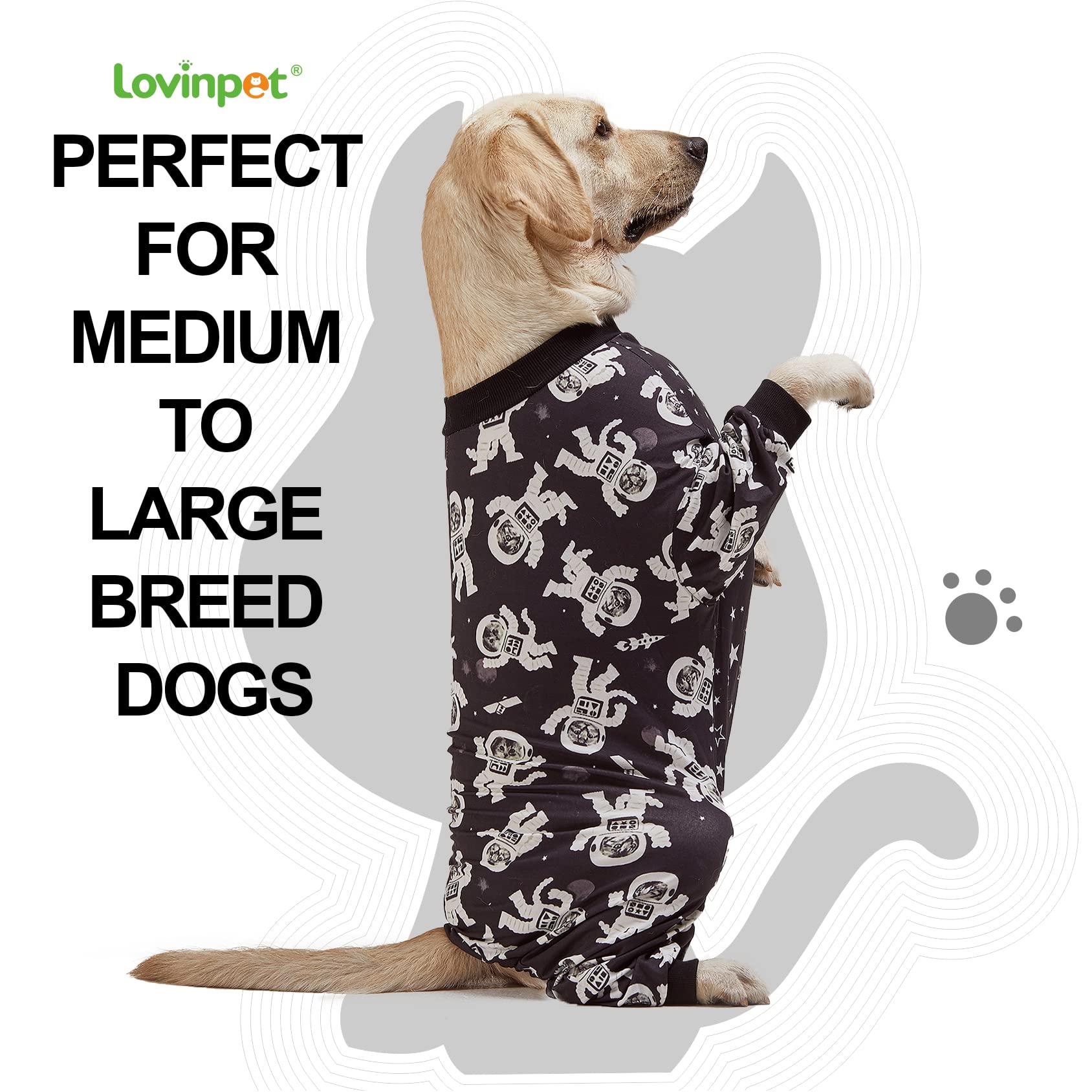 LovinPet Dog Pajamas for Large Breeds - Slim Fit Lightweight Pullover PJs with Full Coverage, Outer Space Astronaut Print - Perfect for Pitbulls & XL Dogs (2XL) - Cozy Nightwear for Indoor Lounging & Cute Photo Ops