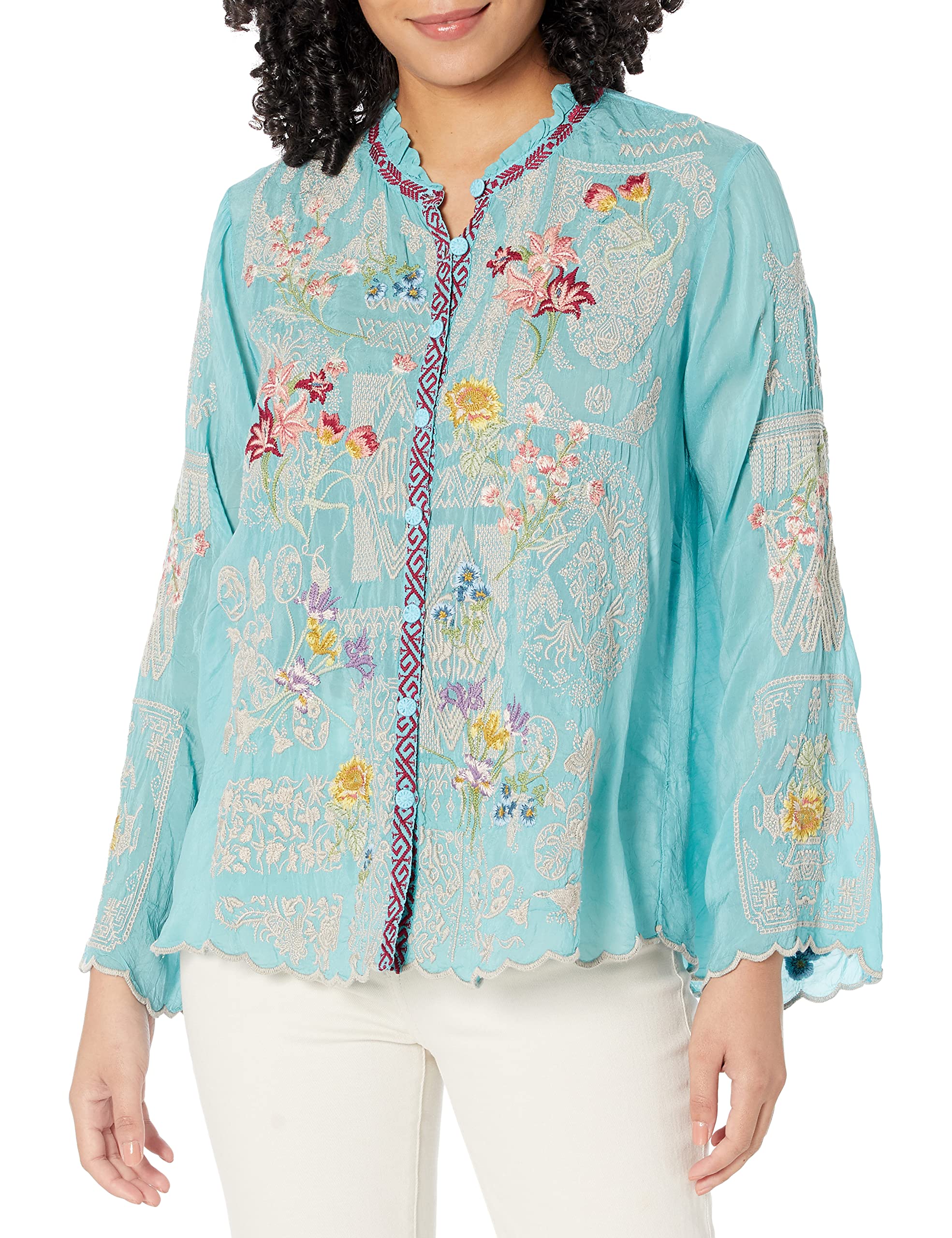 Johnny Was Women's Embroidered Long Sleeve Blouse - Boho Chic Floral Top for Casual Wear, Office & Date Night Outfits