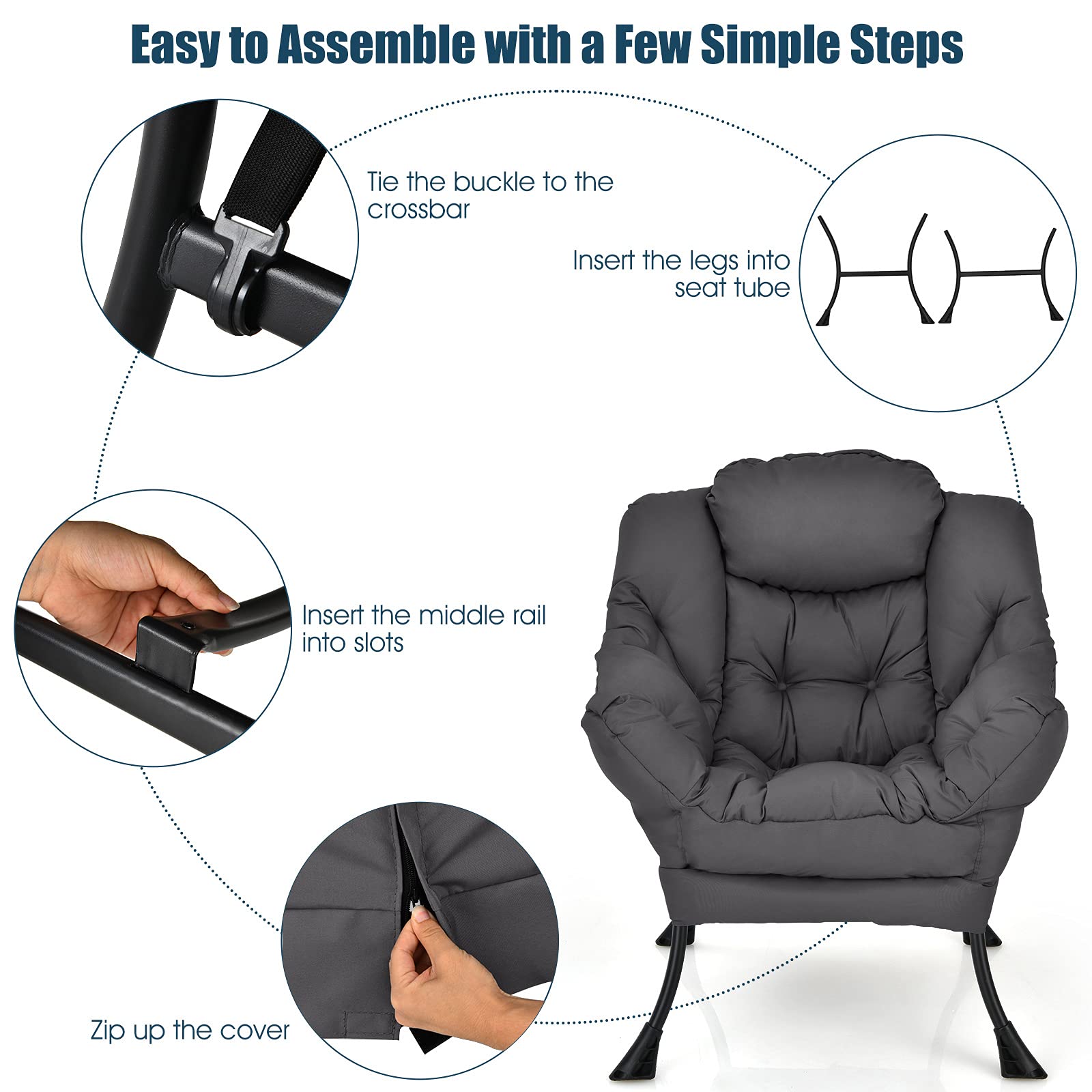 Giantex Modern Lazy Chair - Contemporary Accent Lounge Chair with Polyester Fabric & Sturdy Steel Frame, Upholstered Single Sofa Chair with Armrests & Side Pocket - Perfect for Living Room, Bedroom, Office or Reading Nook (Grey)