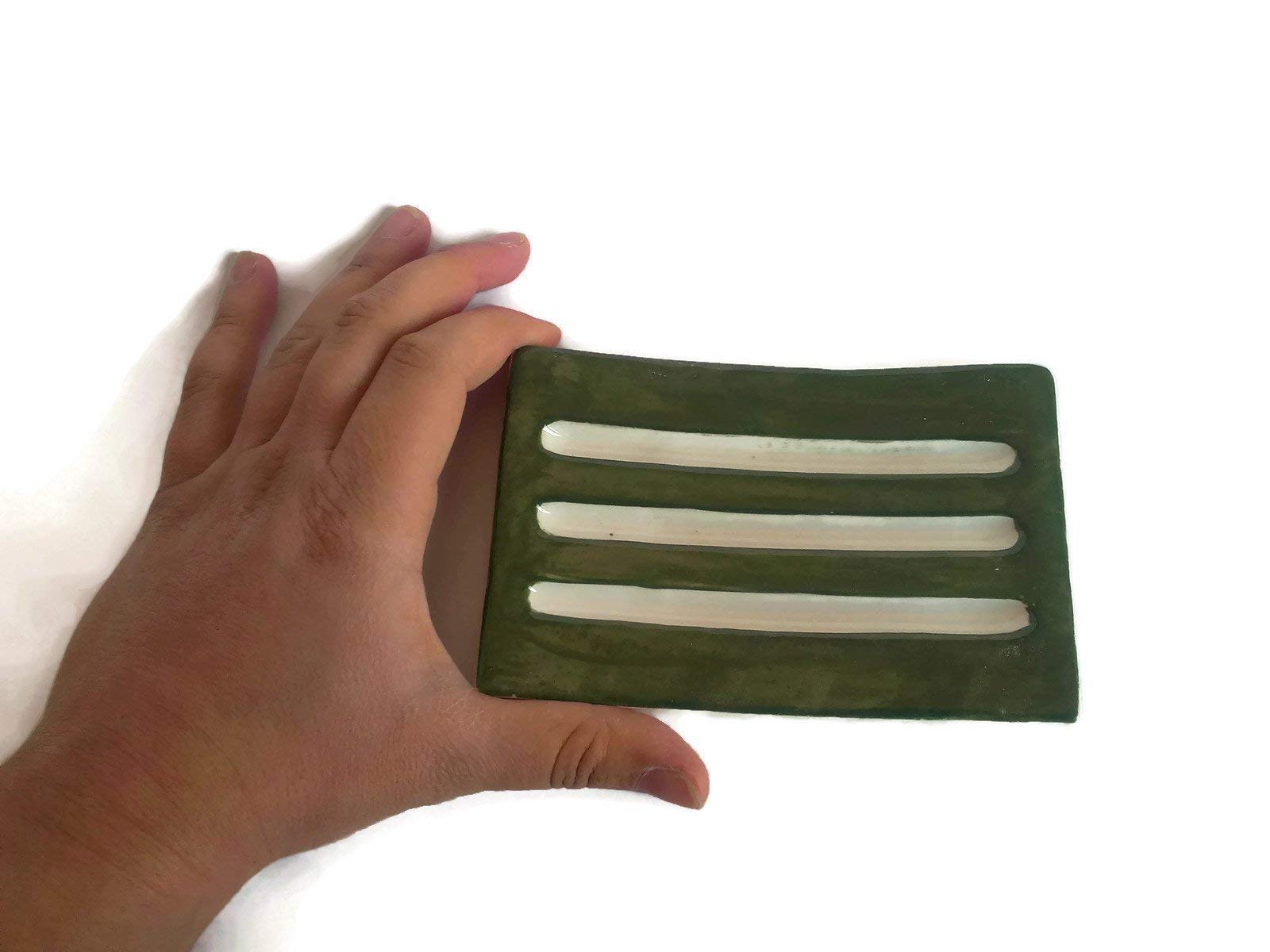 Olive Green Handmade Ceramic Soap Dish for Bar Soap - Rectangle Sponge Holder | Bathroom & Kitchen Organizer, Spa & Shower Accessory
