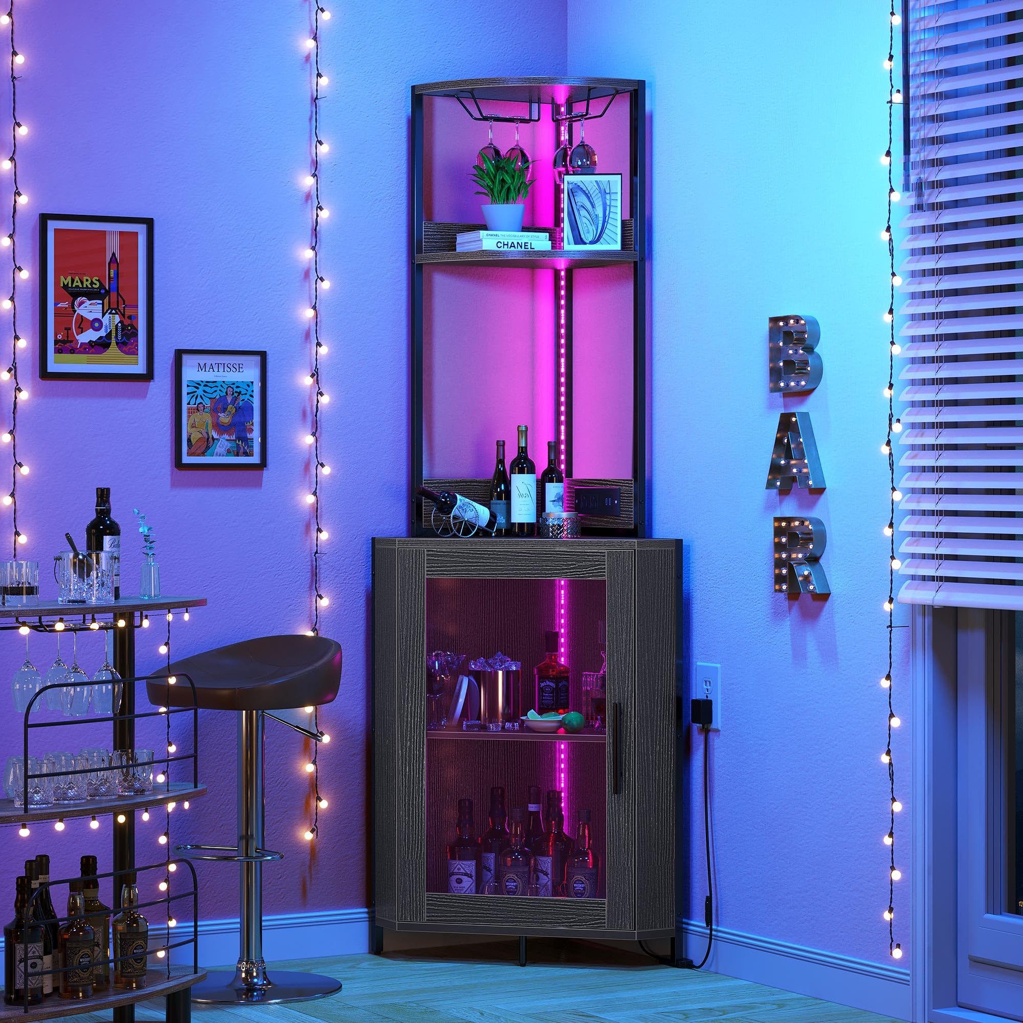 YITAHOME Black Corner Wine Cabinet with Power Outlets & LED Lights - Modern Bar Cabinet with Glass Holder, Liquor Storage Rack for Living Room, Dining Room, Kitchen | Perfect for Home Bar Setup, Wine Display & Entertaining Guests