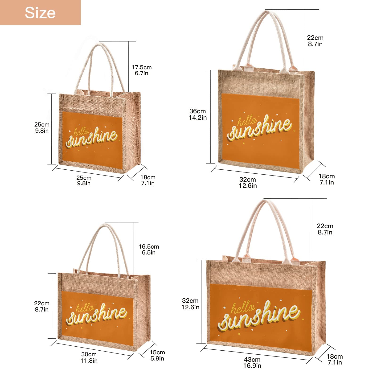 Linqin Hello Sunshine Orange Jute Tote Bag - Waterproof Burlap Straw Grocery Bag with Sturdy Handles for Shopping, Travel & Beach - Perfect for Farmers Market, Picnics and Summer Outings