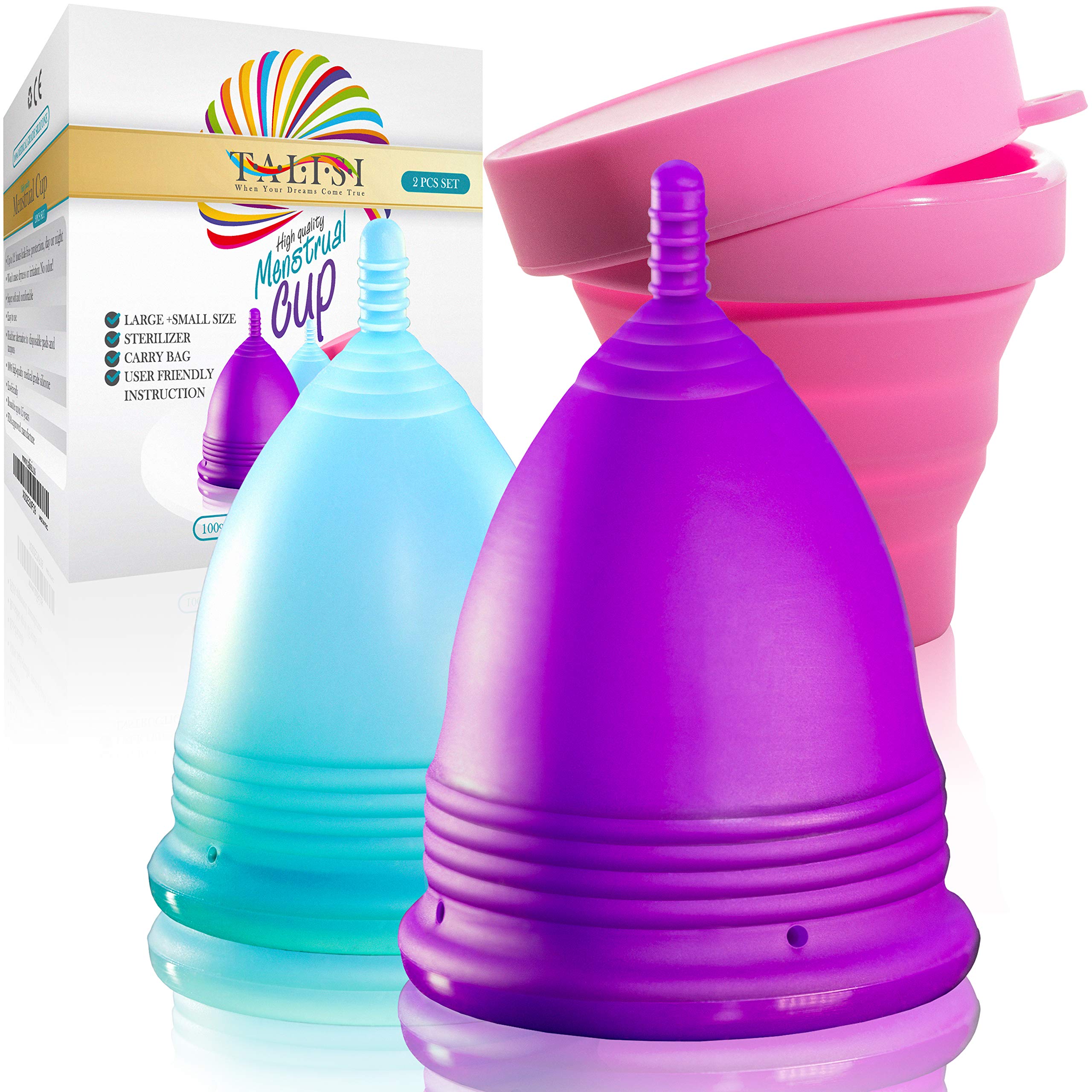 Talisi Reusable Menstrual Cups - Soft Silicone Period Cups for Women | Large & Small Sizes for Regular & Heavy Flow | Includes Collapsible Sterilizer Case | Perfect for Travel, Gym & Active Lifestyles