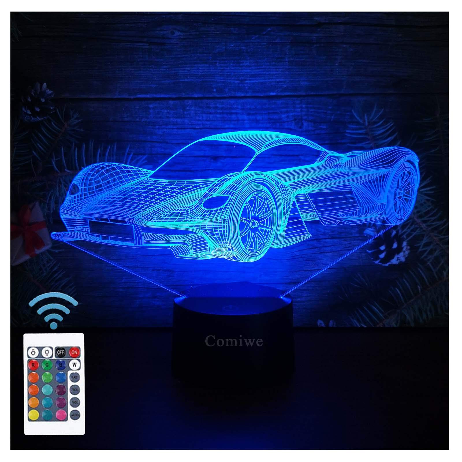 3D Illusion Sports Racing Car Night Light - 16 Color Changing LED Lamp with Smart Touch & Remote Control - Home Decor, Bedside, Table Desk Light - Perfect Christmas Birthday Gift for Boys, Kids, Adults, Friends & Family - Ideal for Bedrooms, Nurseries, Gaming Rooms & Gift-Giving Occasions