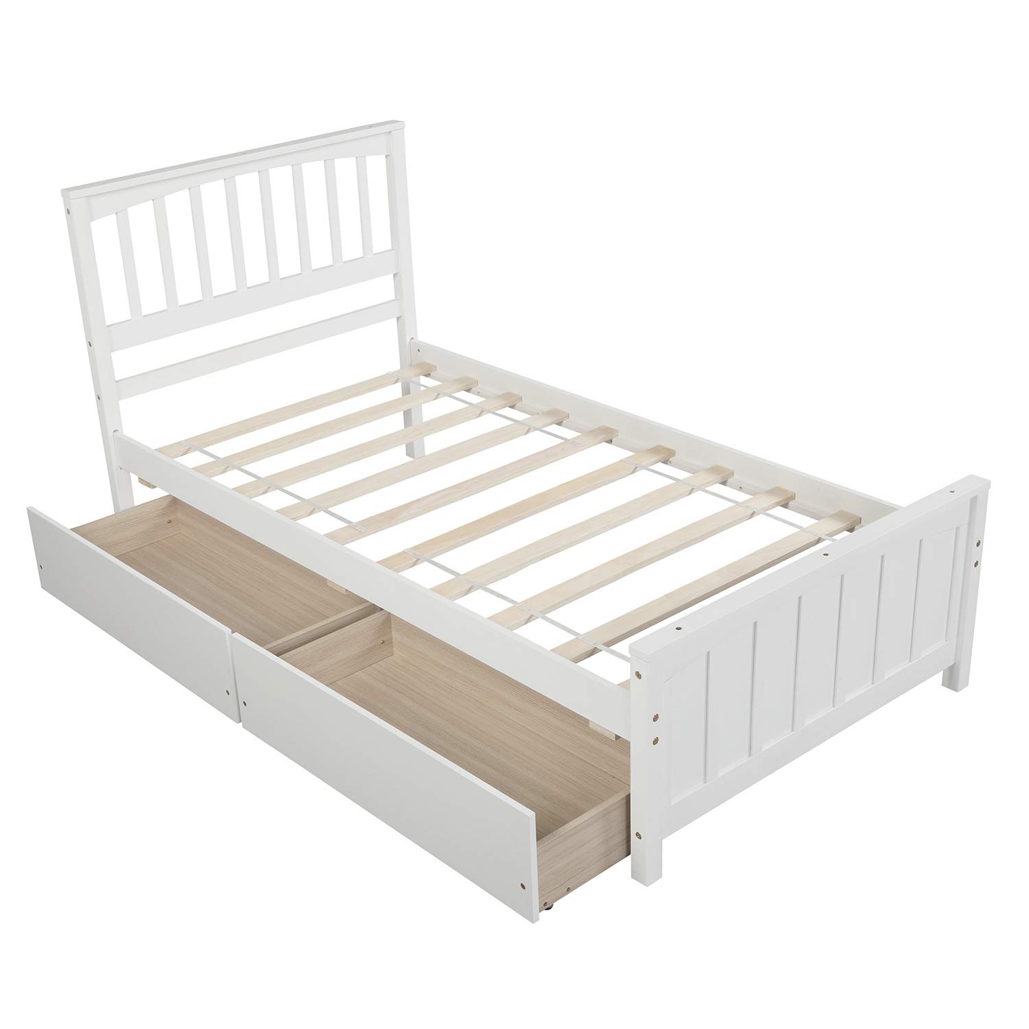 P PURLOVE White Solid Wood Twin Size Platform Bed with 2 Storage Drawers - Guest Room & Bedroom Furniture for Space Saving & Organization