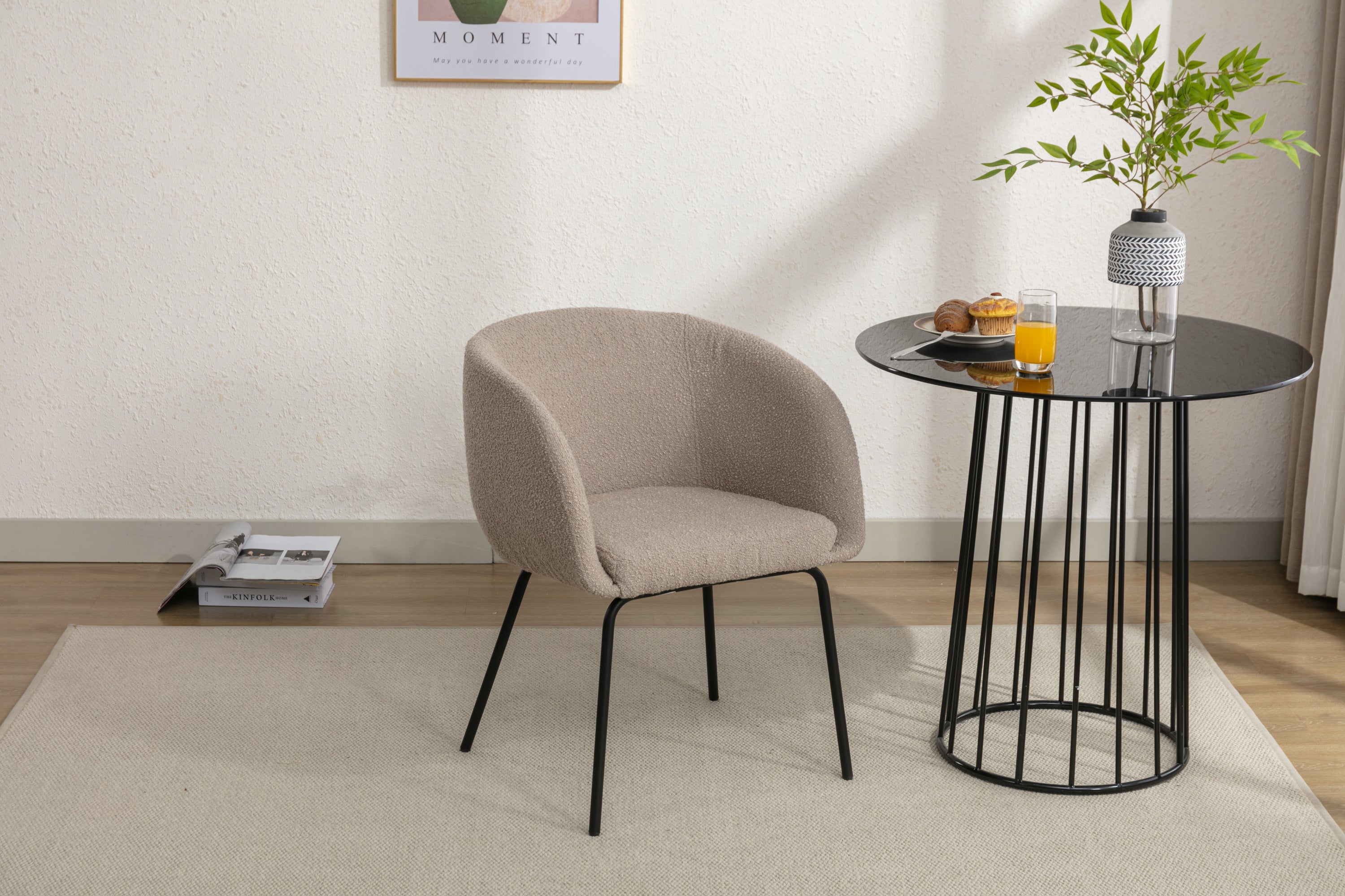 Boucle Fabric Dining Chair with Black Metal Legs - Set of 1 - Modern Upholstered Side Chair for Kitchen, Dining Room & Office