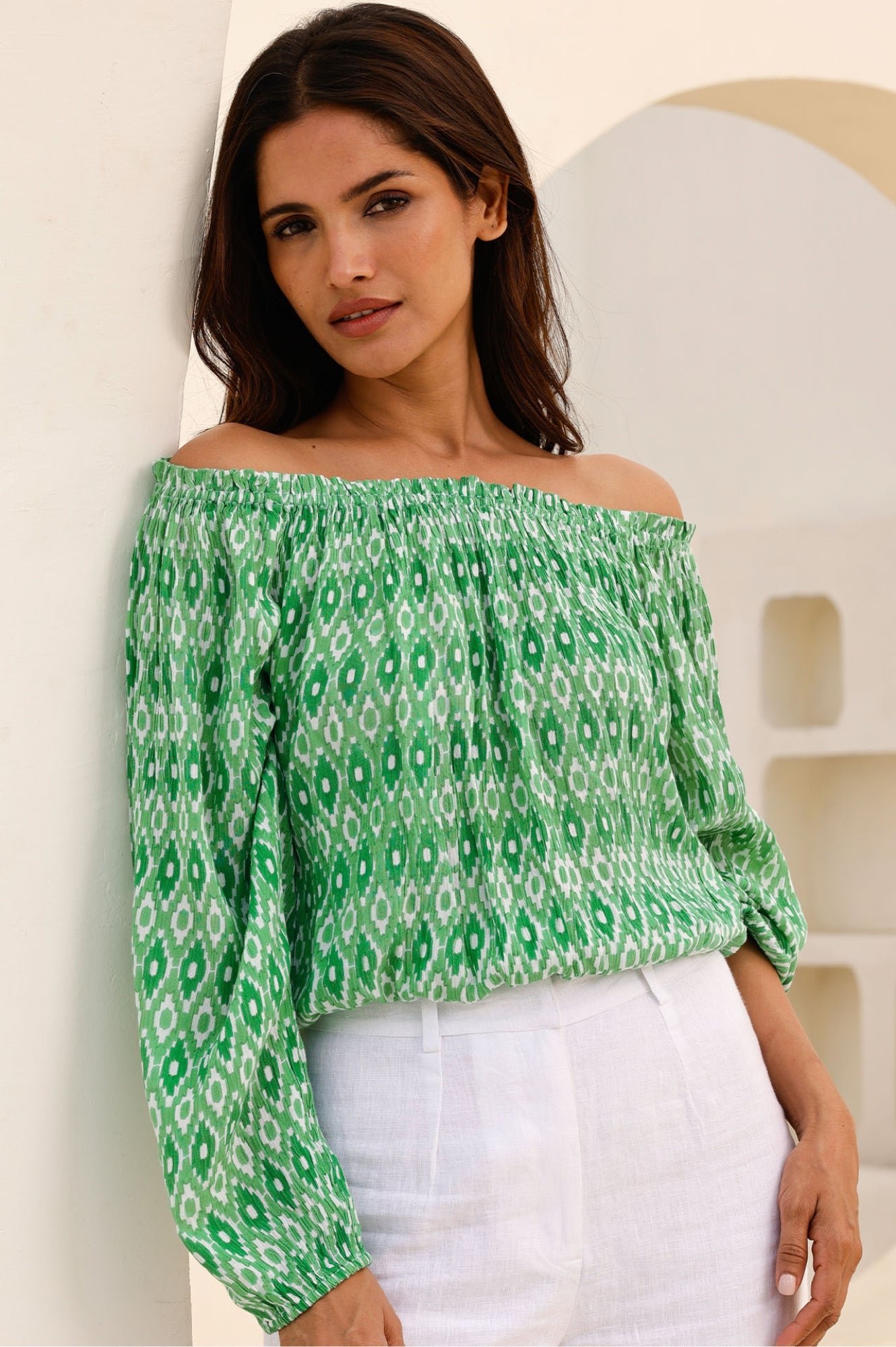 Ilana Long Sleeve Frill Blouse - Aztec Green & White Floral Print Women's Tunic Top for Casual Wear & Boho Outfits