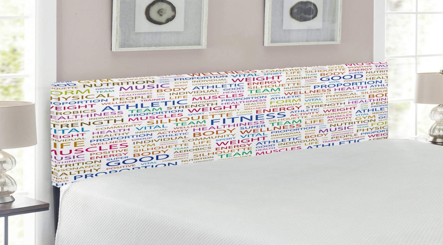 Ambesonne Fitness Headboard - Upholstered Decorative Metal Bed Headboard with Memory Foam for King Size Beds | Gymnastics & Physical Activity Lifestyle Concept | Wellness & Health Decor | Perfect for Home Gym, Bedroom Workout Space & Fitness Enthusiasts