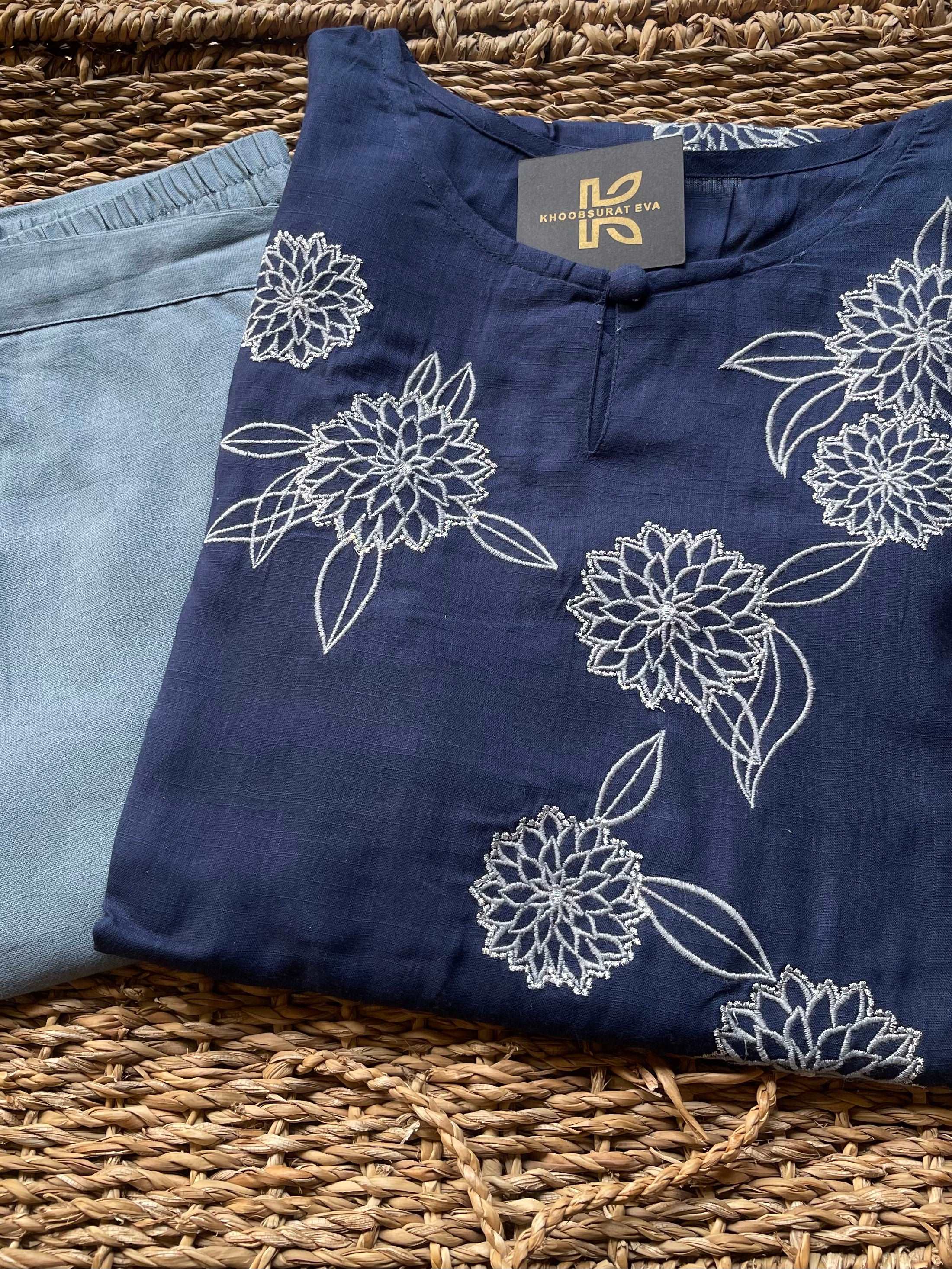 Stylish Bloom Blue Cotton Kurta and Pants Set for Women | Comfortable Indian Ethnic Wear | Perfect for Festivals, Weddings & Casual Outings