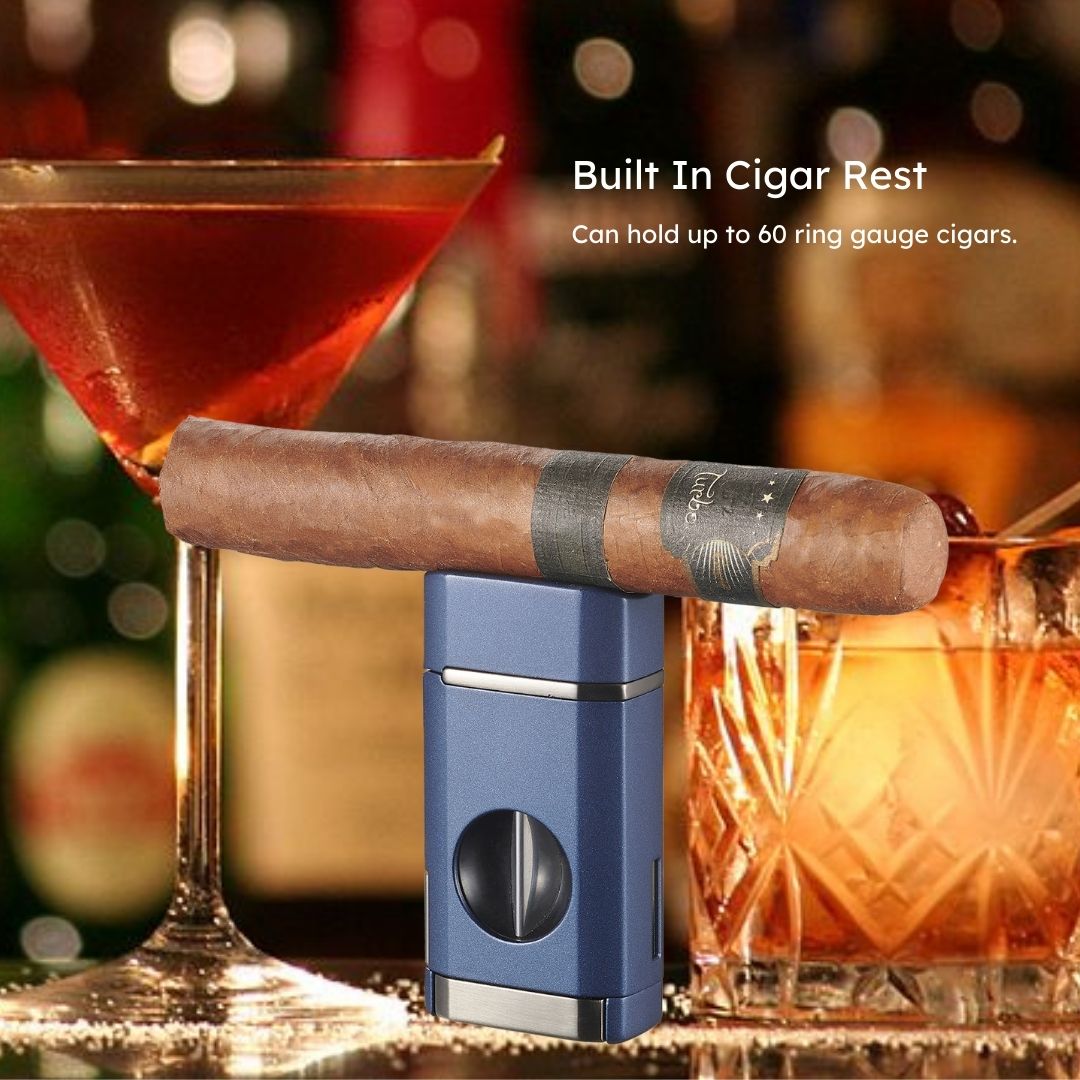 Visol Diablo Triple Torch Flame Lighter with Spring V Cutter - Navy Blue | Windproof Butane Lighter for Cigars, BBQ, Camping & Outdoor Use