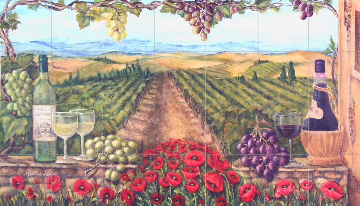 Hand-Painted Tuscan Vista Wine Themed Ceramic Backsplash Tile Mural - Italian Kitchen Decor by Rita Broughton - Perfect for Wine Cellars, Farmhouse Kitchens & Mediterranean Style Home Renovations