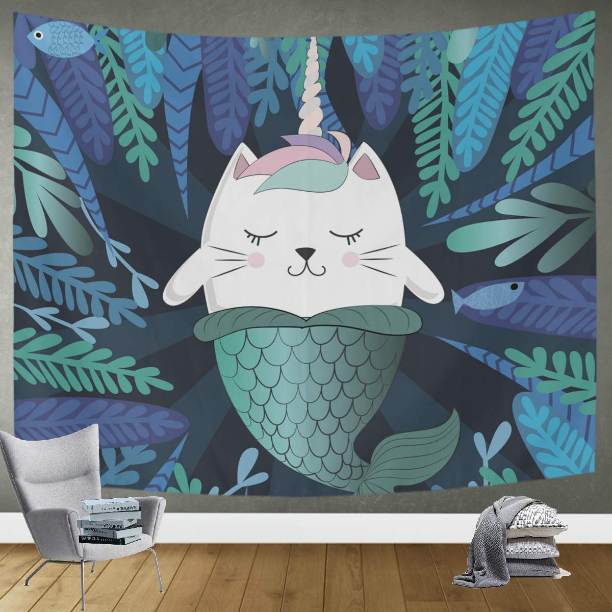 DOMIKING Magic Cat Unicorn Mermaid Wall Tapestry - 90x60 Inch Large Bohemian Wall Hanging for Bedroom, Living Room, Office Decor - Perfect for Dorm, Home, Party & Festival Decoration