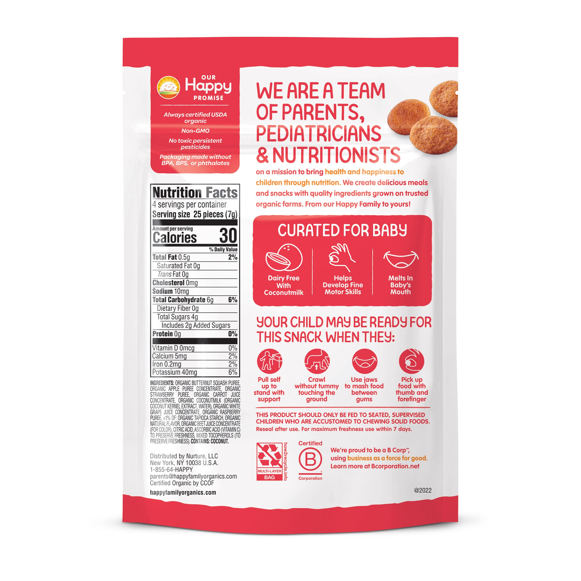 Happy Baby Organics Creamies Freeze-Dried Veggie & Fruit Snacks with Coconut Milk - Strawberry Raspberry & Carrot - 1 Ounce (Pack of 1) - Healthy Baby & Toddler Snacks for On-the-Go, Travel & Daycare