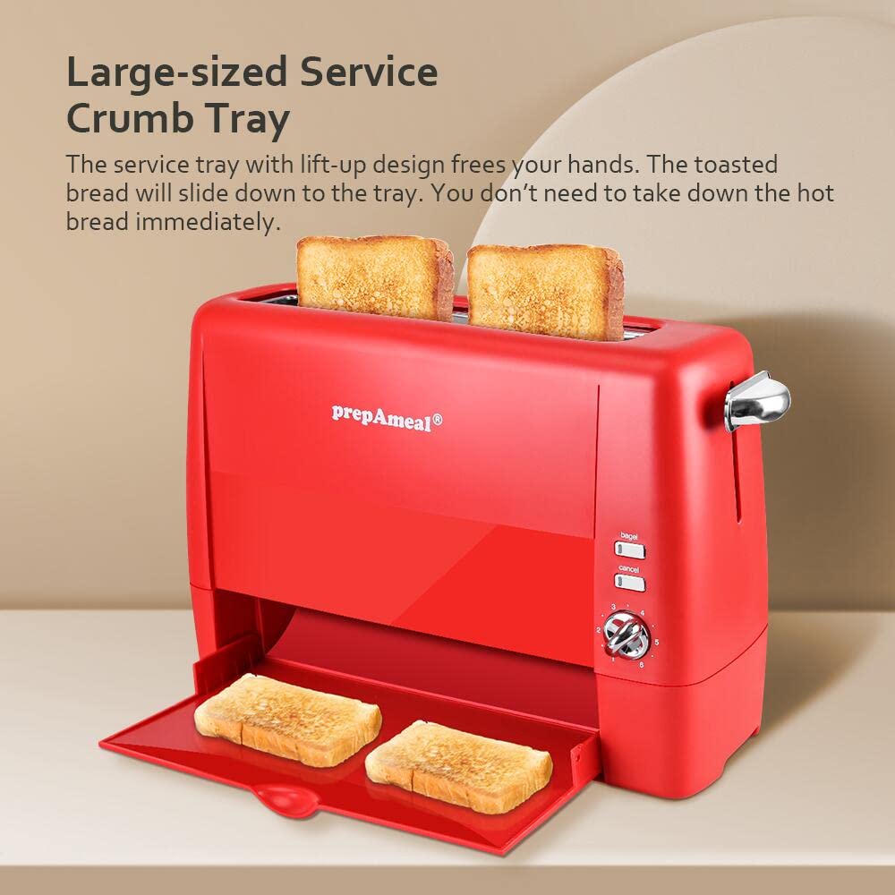 2-Slice Long Slot Toaster with 6 Shade Settings - Extra Wide Slots for Bagels, Waffles & Thick Bread - Bagel/Cancel Function & Removable Crumb Tray - Perfect for Breakfast, Snacks & Pastries (Red)