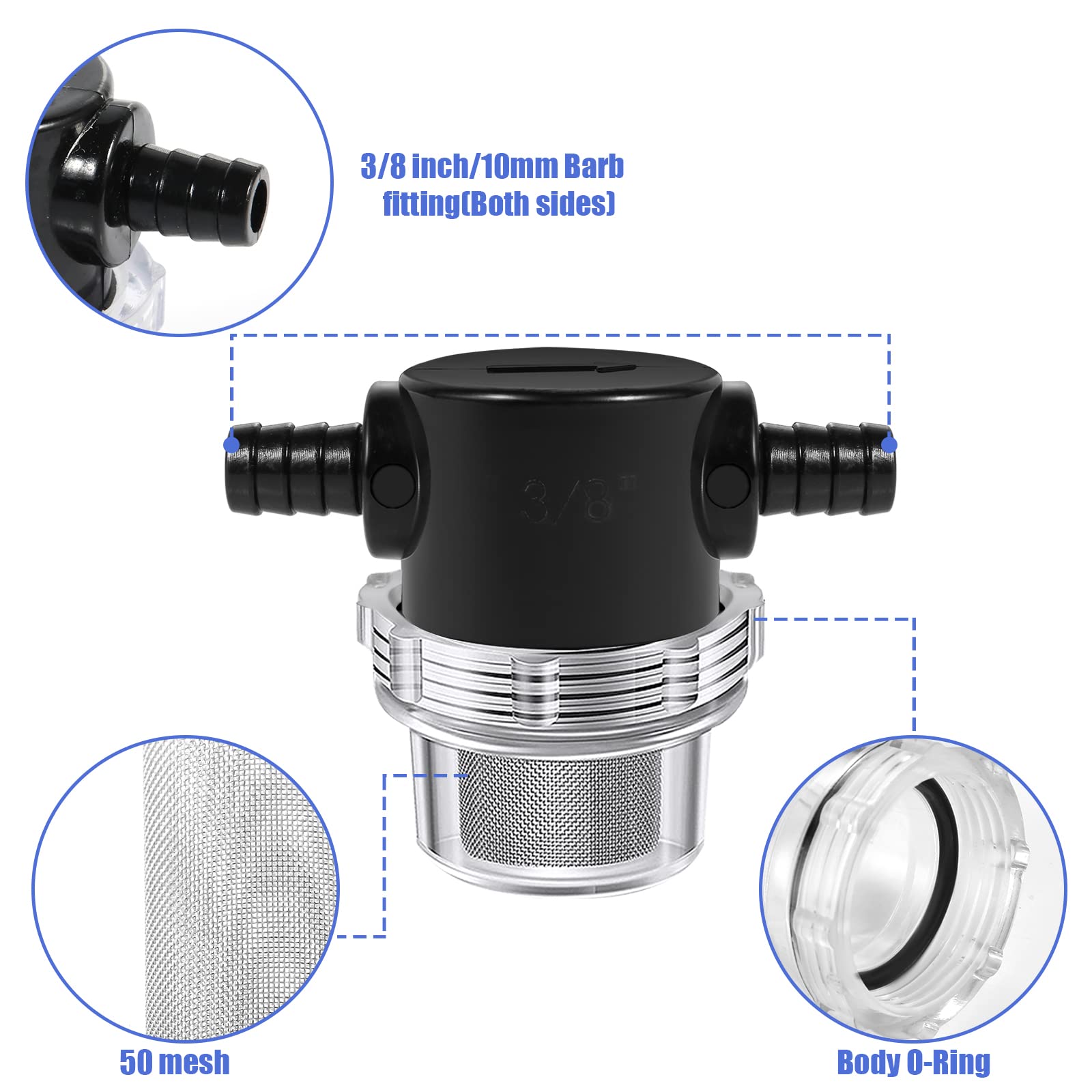 2 Pack 3/8 Inch Water Pump Strainer - 50 Mesh Stainless Steel Screen RV Pump Filter with Twist-On Design for Boat, RV & Home Water Systems