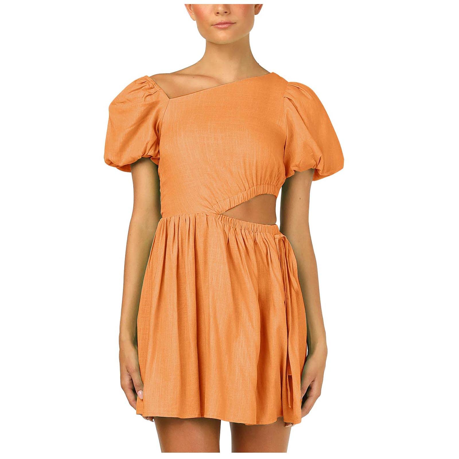 Cute Puff Sleeve Mini Dress for Women - Summer Casual Solid Color Flowy Swing Dress | Perfect for Beach Outings, Date Nights & Brunch with Friends