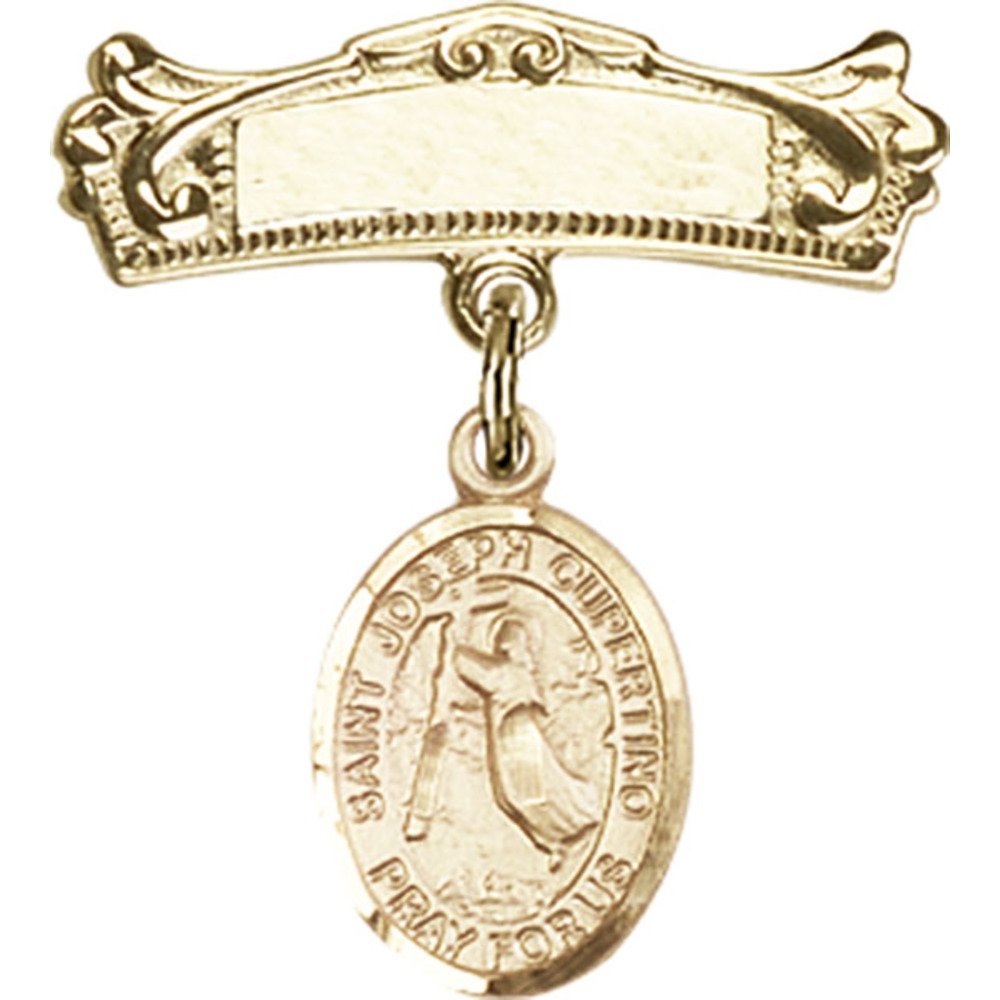 St. Joseph of Cupertino Gold Filled Baby Badge Charm - 7/8 X 3/4 Inch Arched Polished Pin for Baptism, First Communion & Religious Gifts